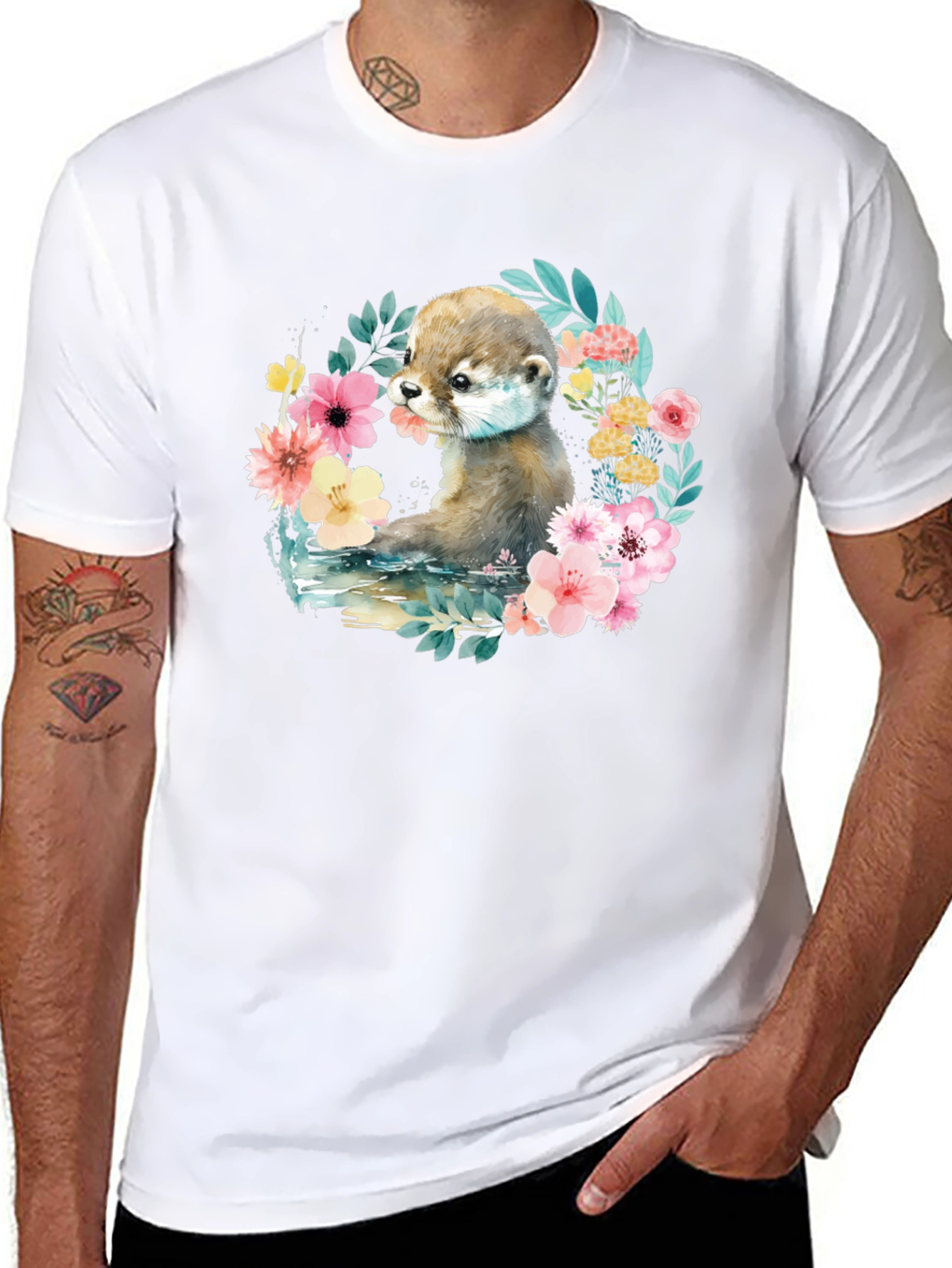 Otter Floral Wreath Graphic T-Shirt