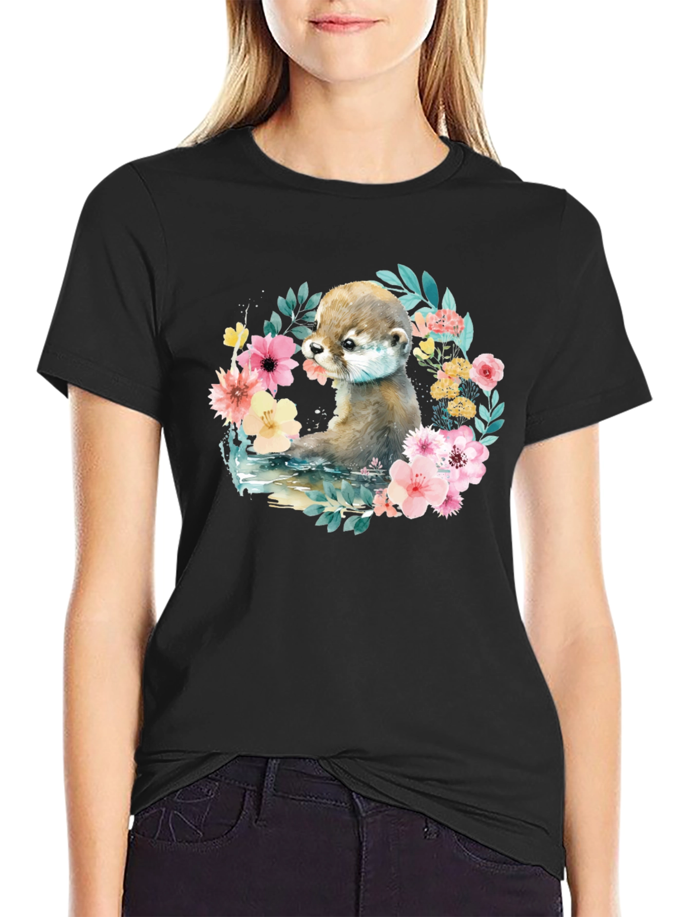 Otter Floral Wreath Graphic T-Shirt