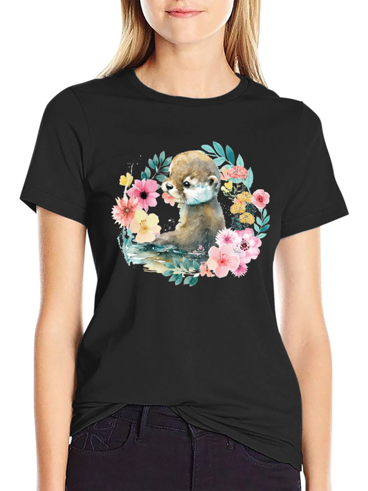 Otter Floral Wreath Graphic T-Shirt