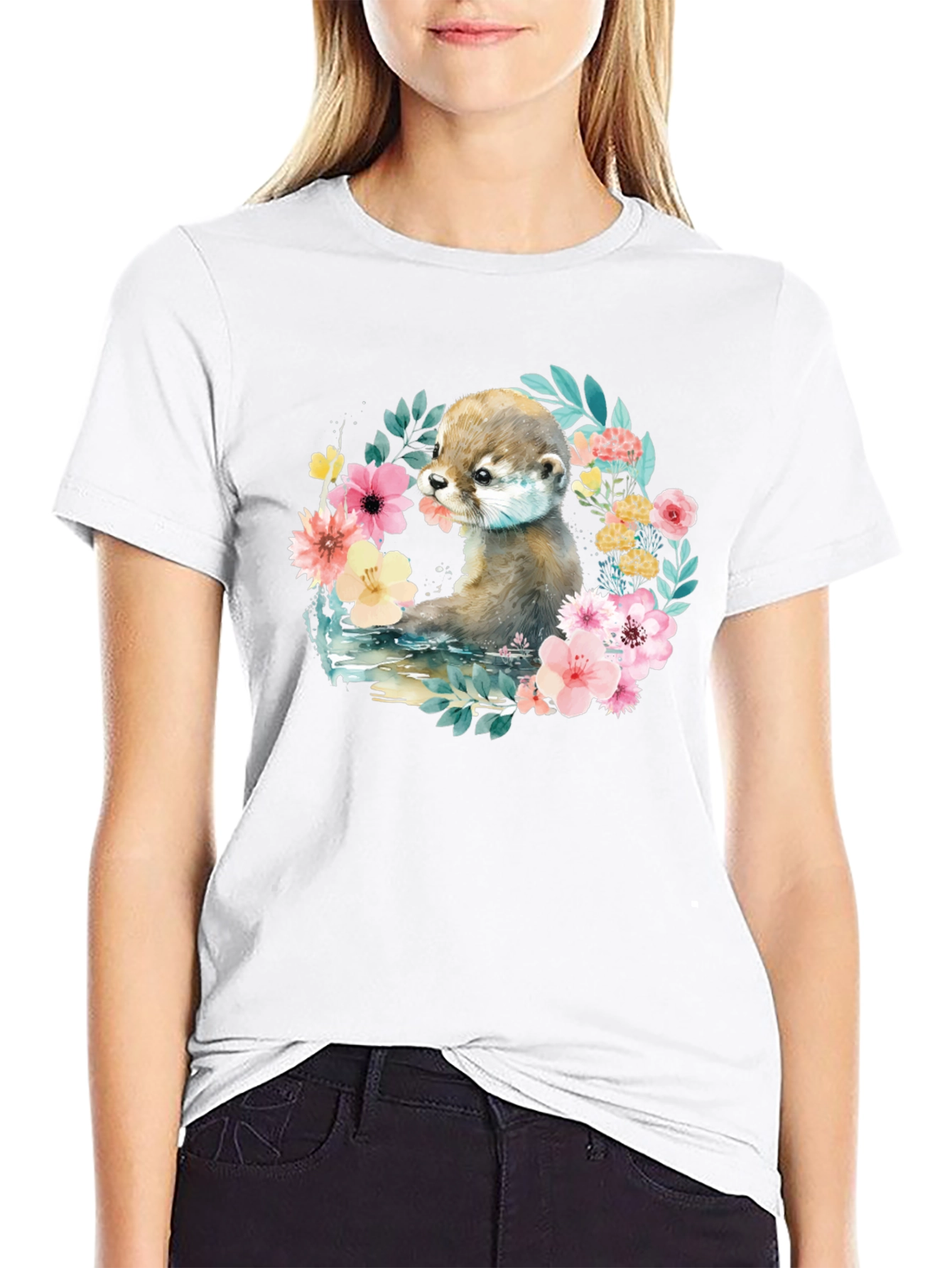Otter Floral Wreath Graphic T-Shirt