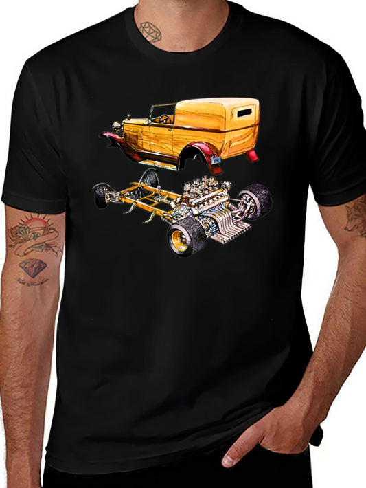 Classic Car & Engine Black Graphic T-Shirt