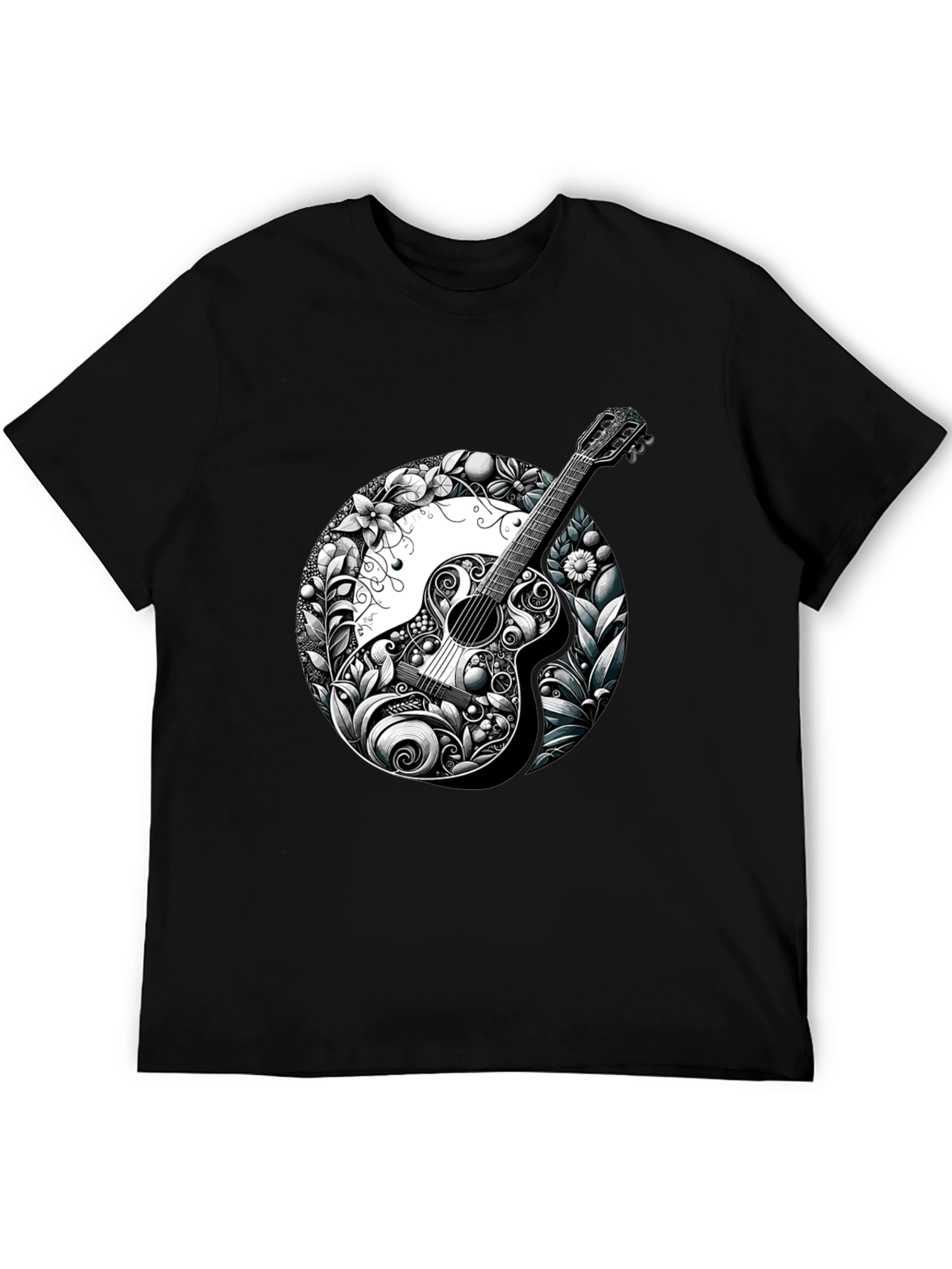 Guitar Floral Graphic Black T-Shirt