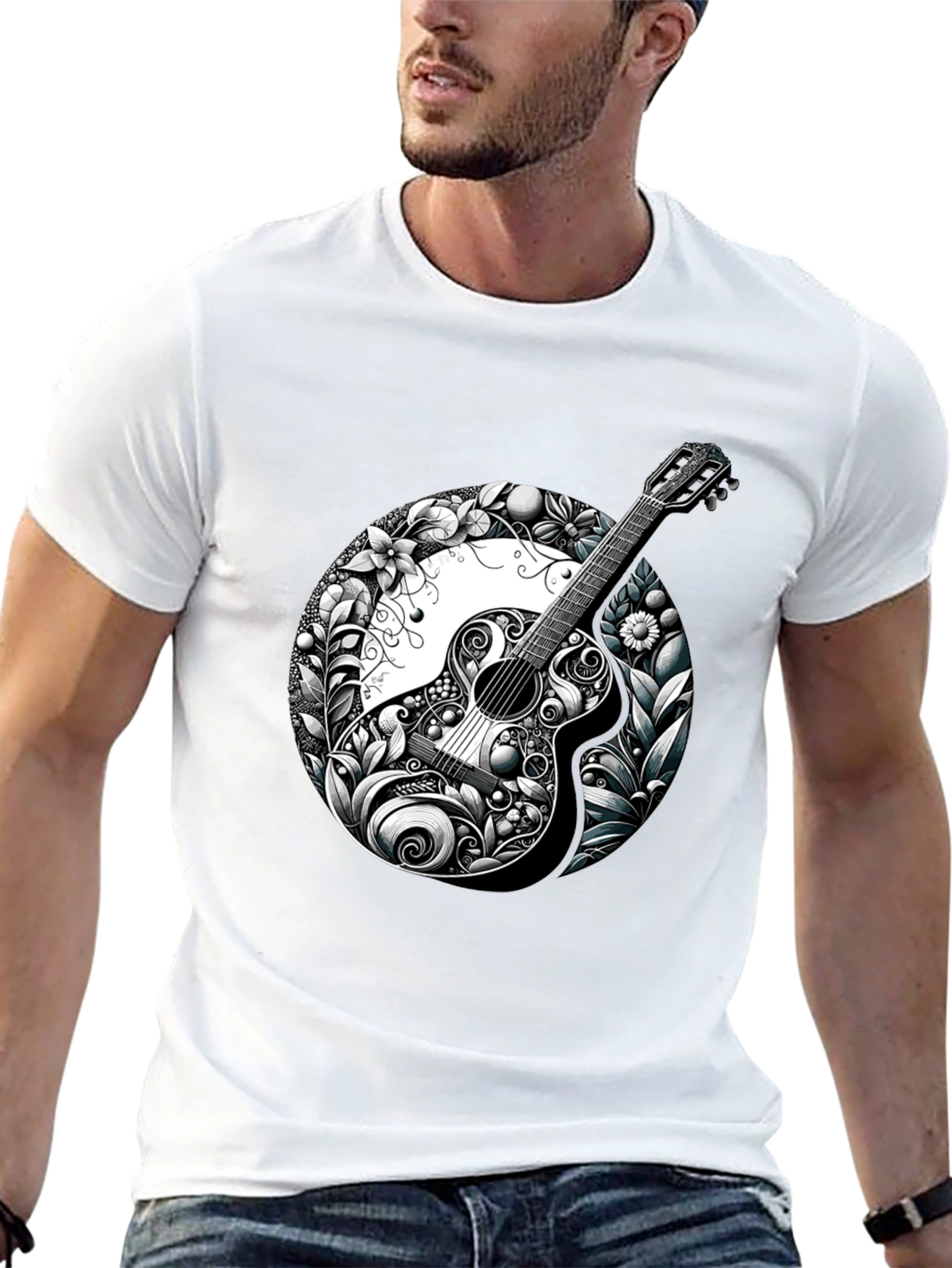 Guitar Floral Graphic Black T-Shirt