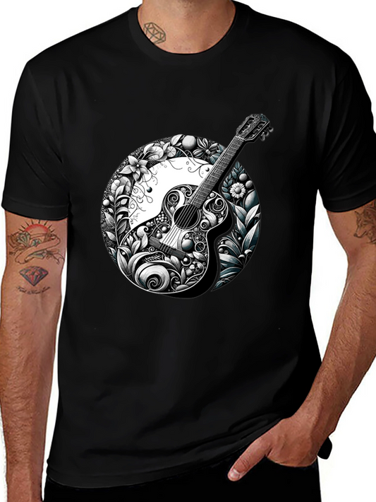 Guitar Floral Graphic Black T-Shirt