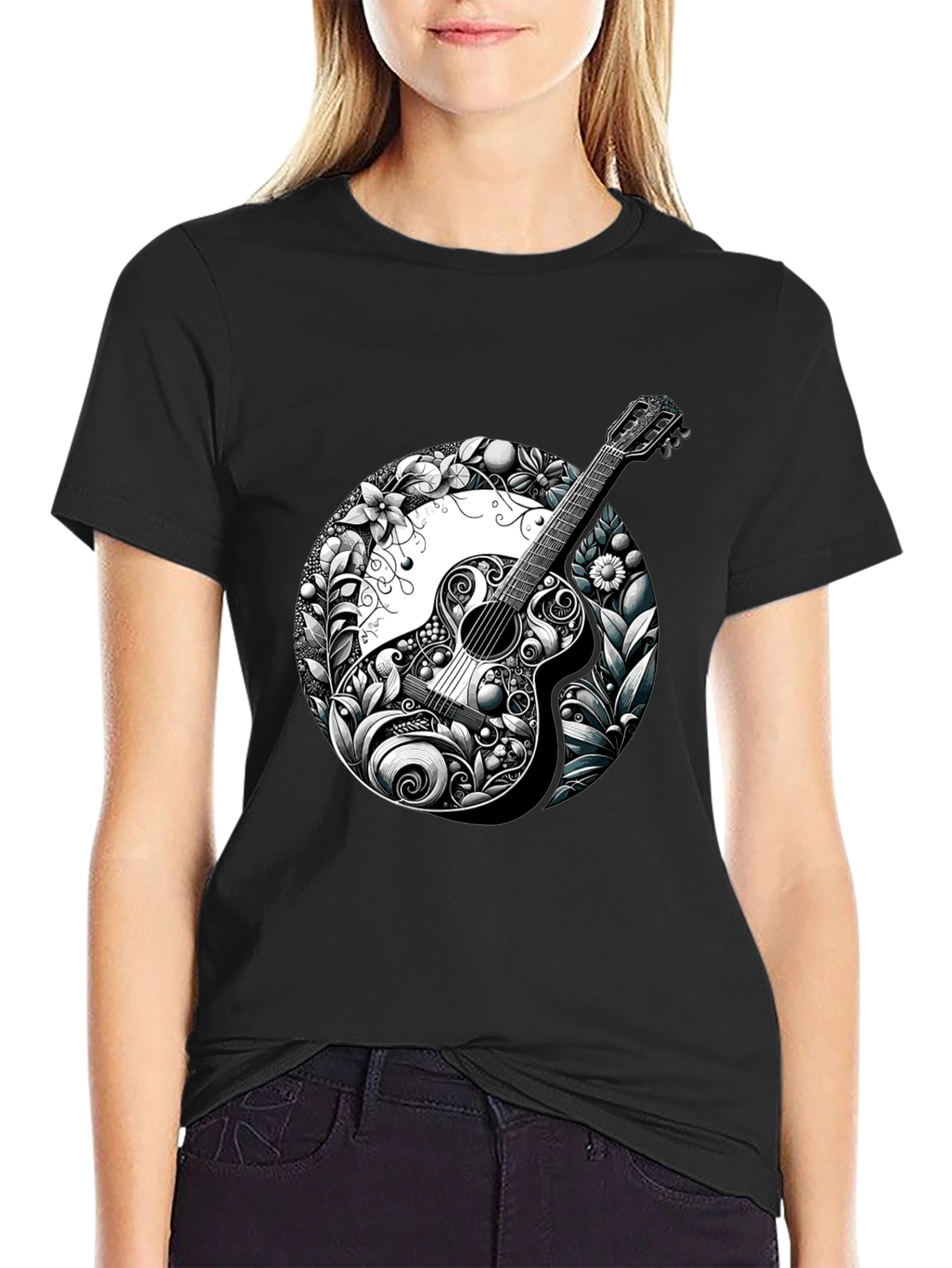 Guitar Floral Graphic Black T-Shirt