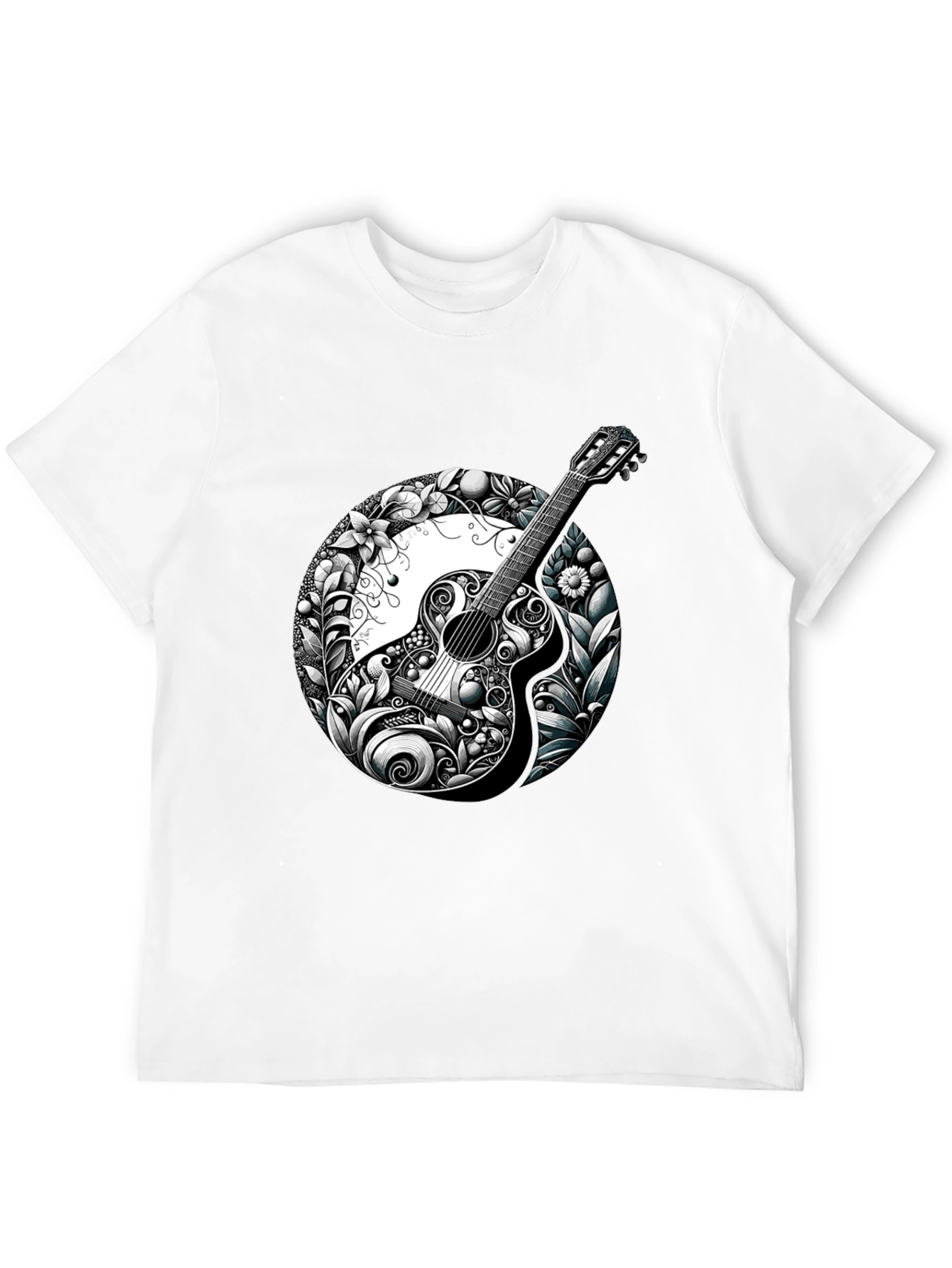 Guitar Floral Graphic Black T-Shirt