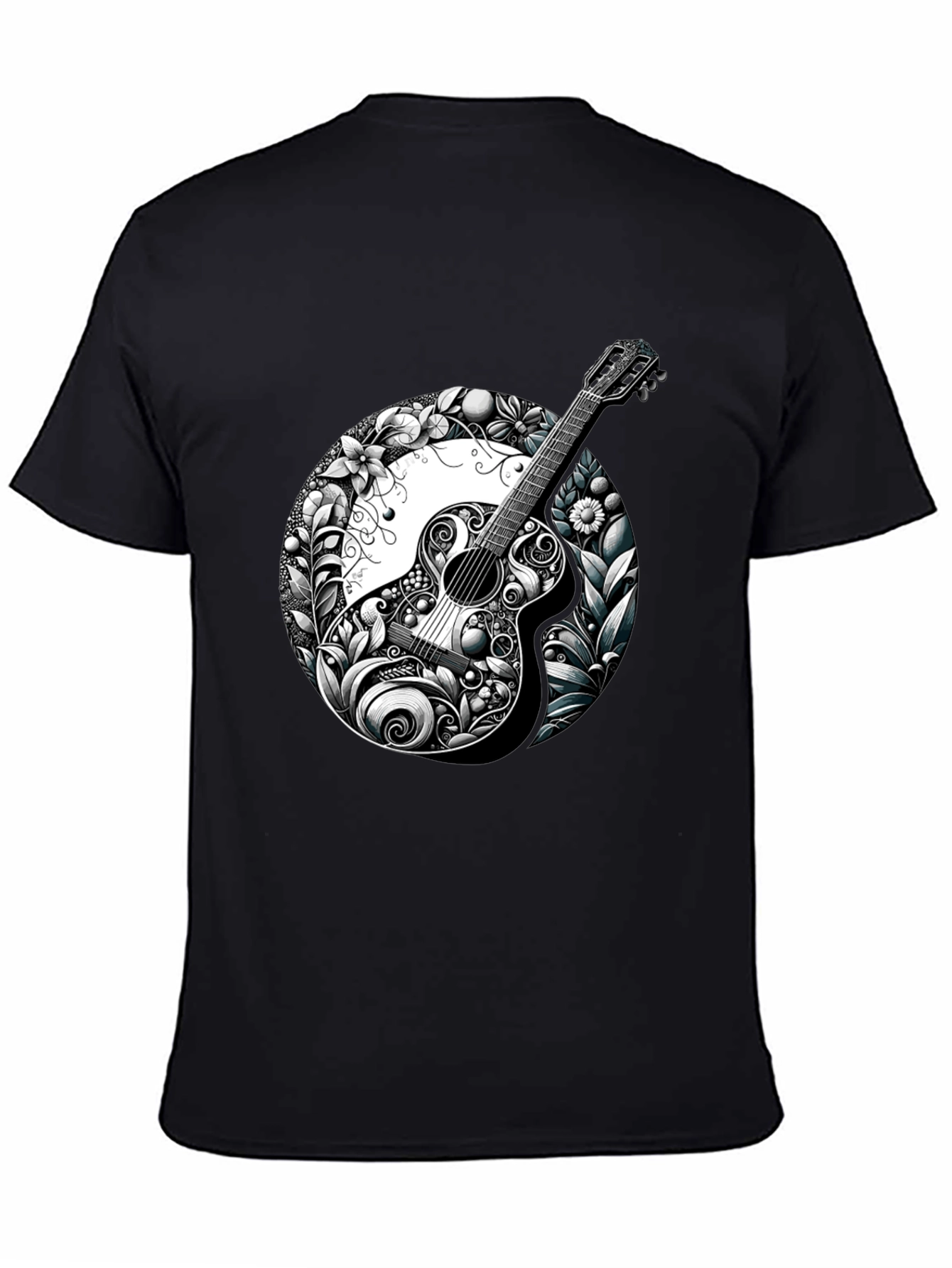 Guitar Floral Graphic Black T-Shirt