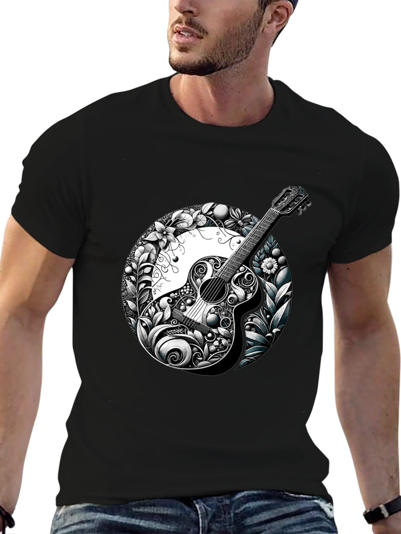 Guitar Floral Graphic Black T-Shirt