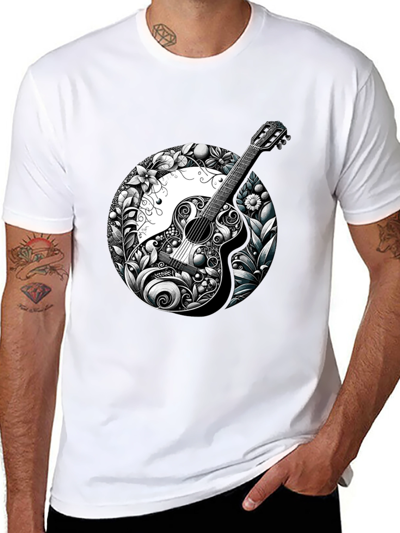 Guitar Floral Graphic Black T-Shirt
