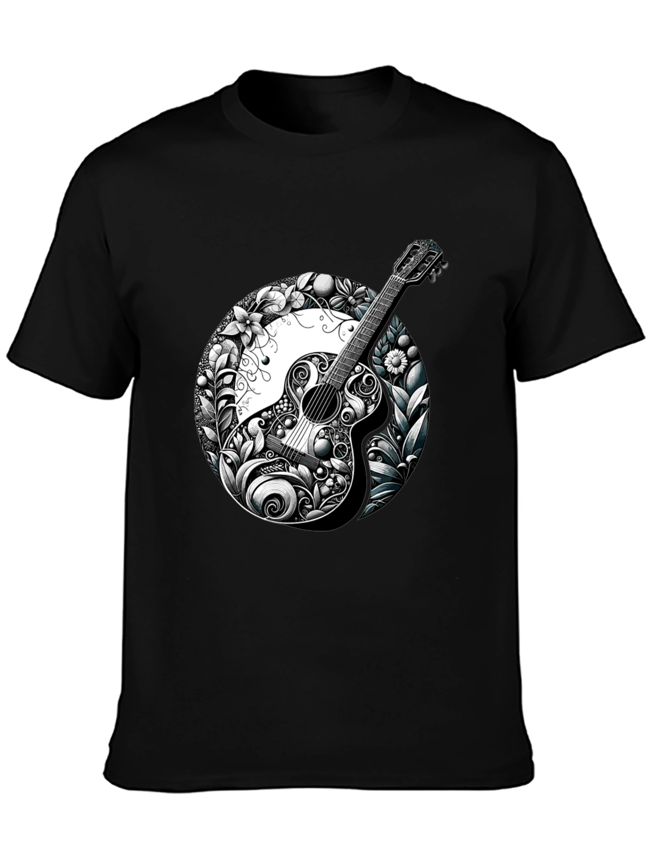 Guitar Floral Graphic Black T-Shirt