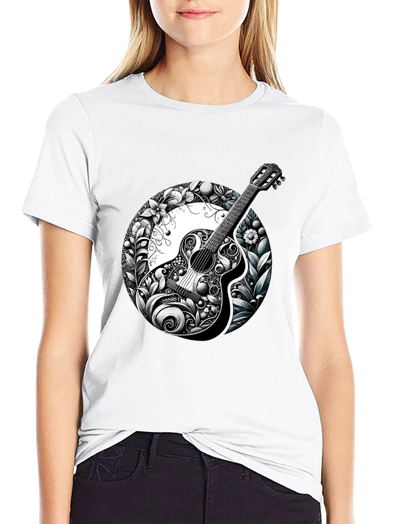 Guitar Floral Graphic Black T-Shirt