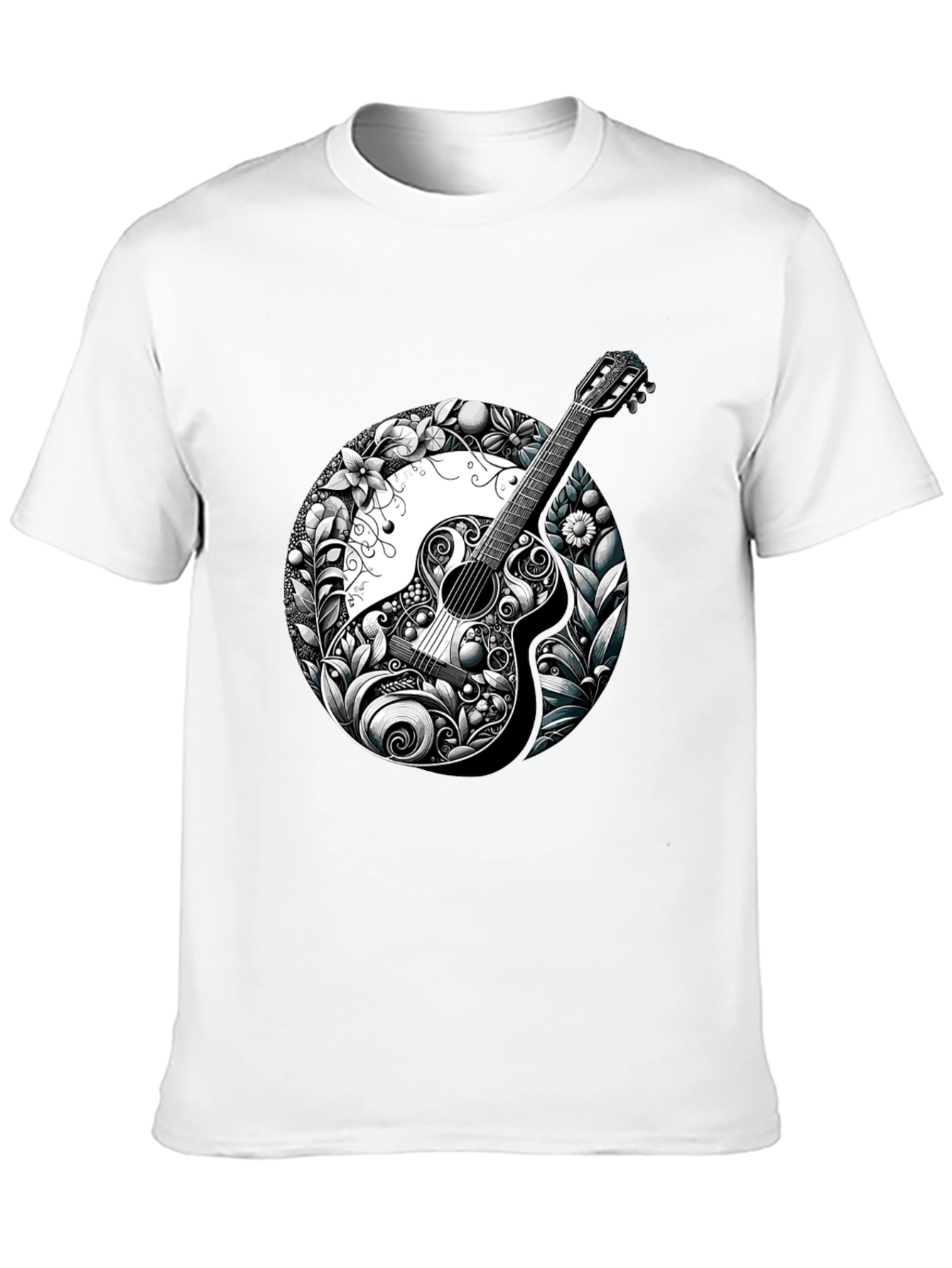 Guitar Floral Graphic Black T-Shirt