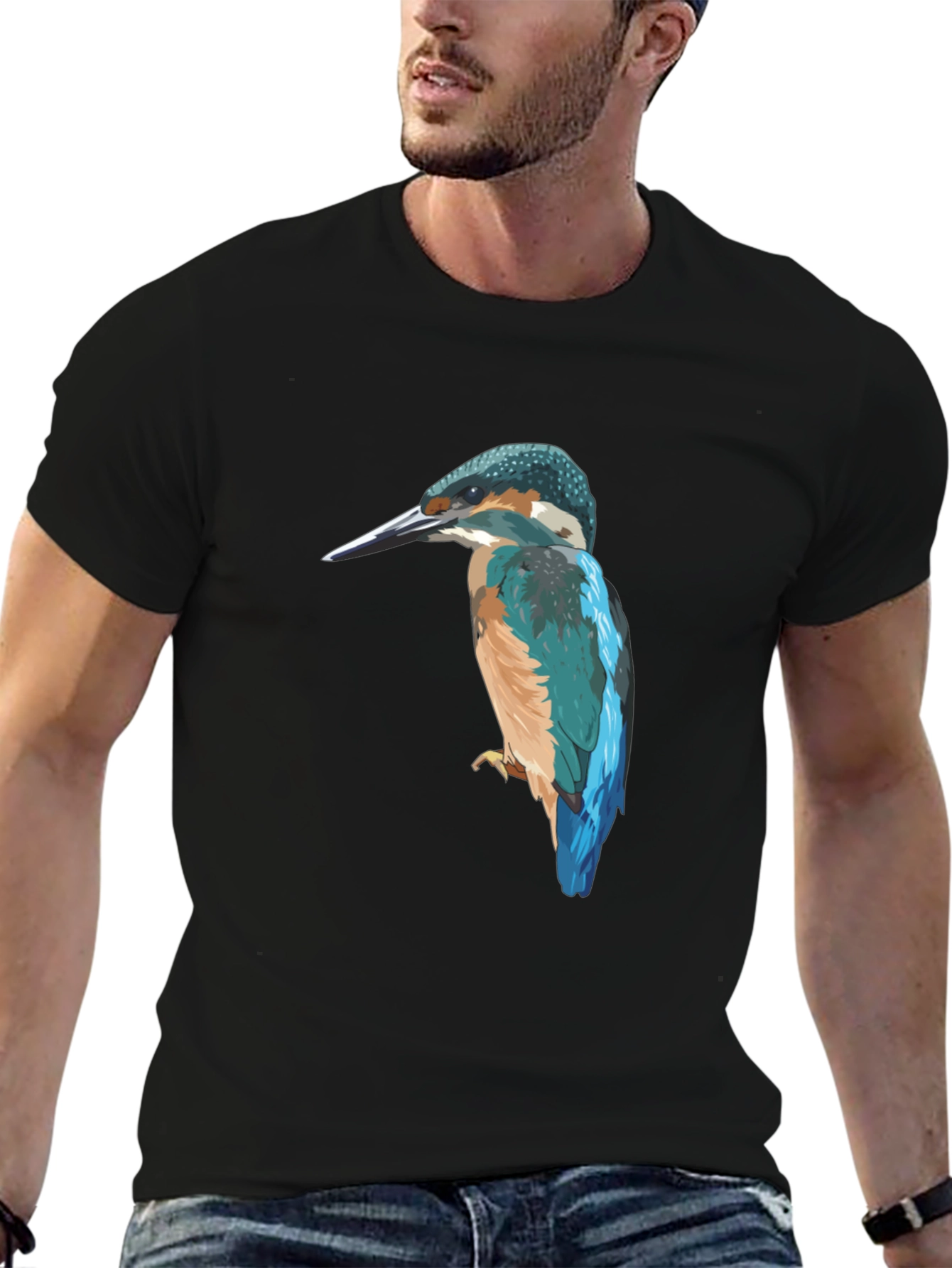 Kingfisher Bird Graphic Tee - Black Cotton T-Shirt