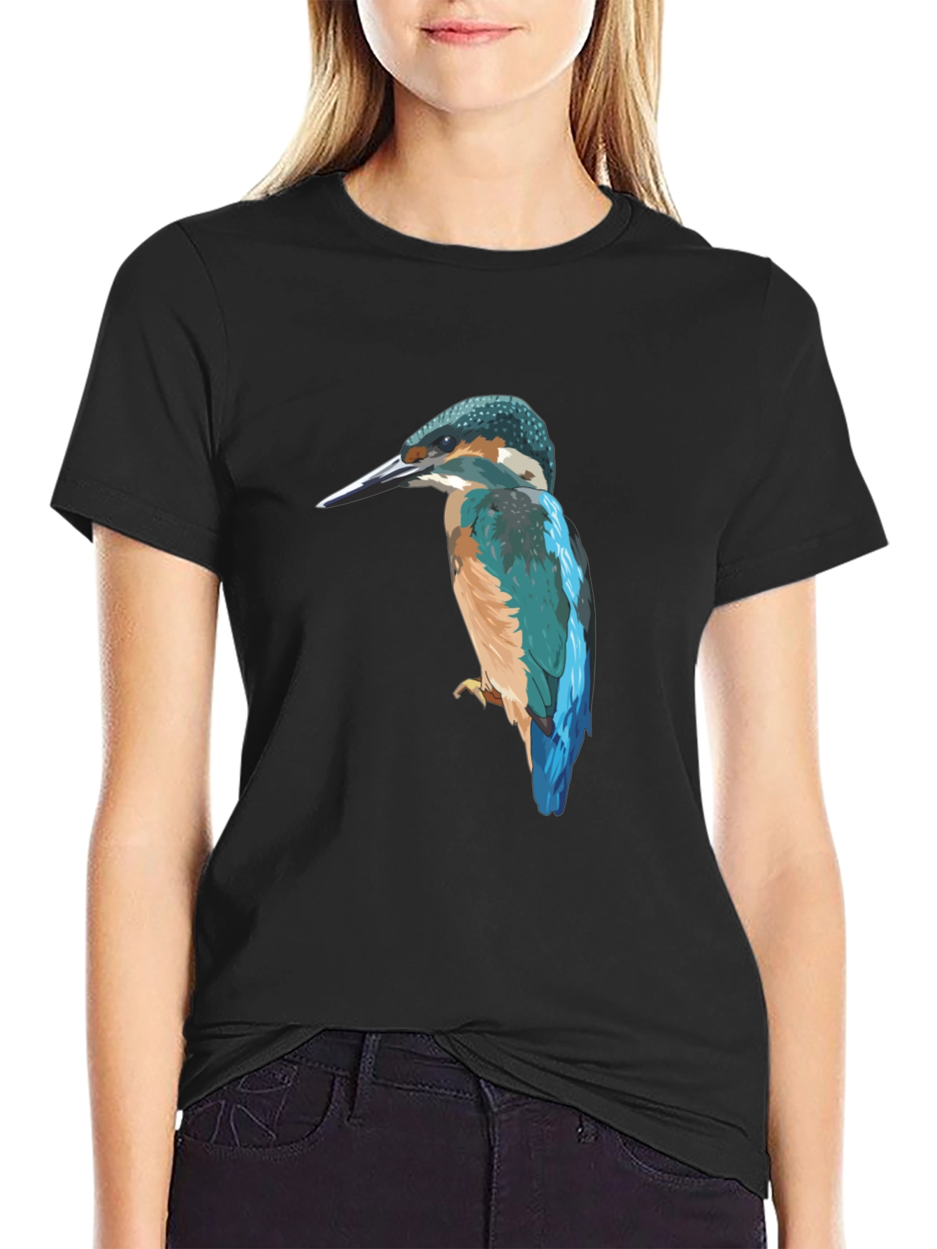 Kingfisher Bird Graphic Tee - Black Cotton T-Shirt