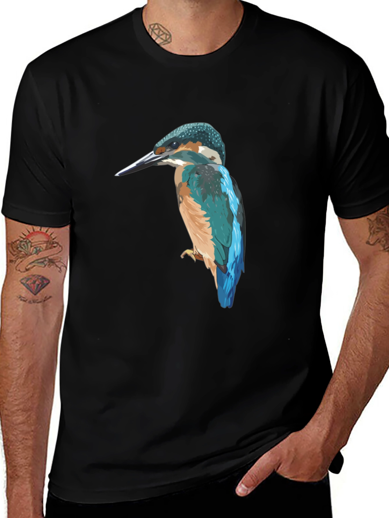 Kingfisher Bird Graphic Tee - Black Cotton T-Shirt