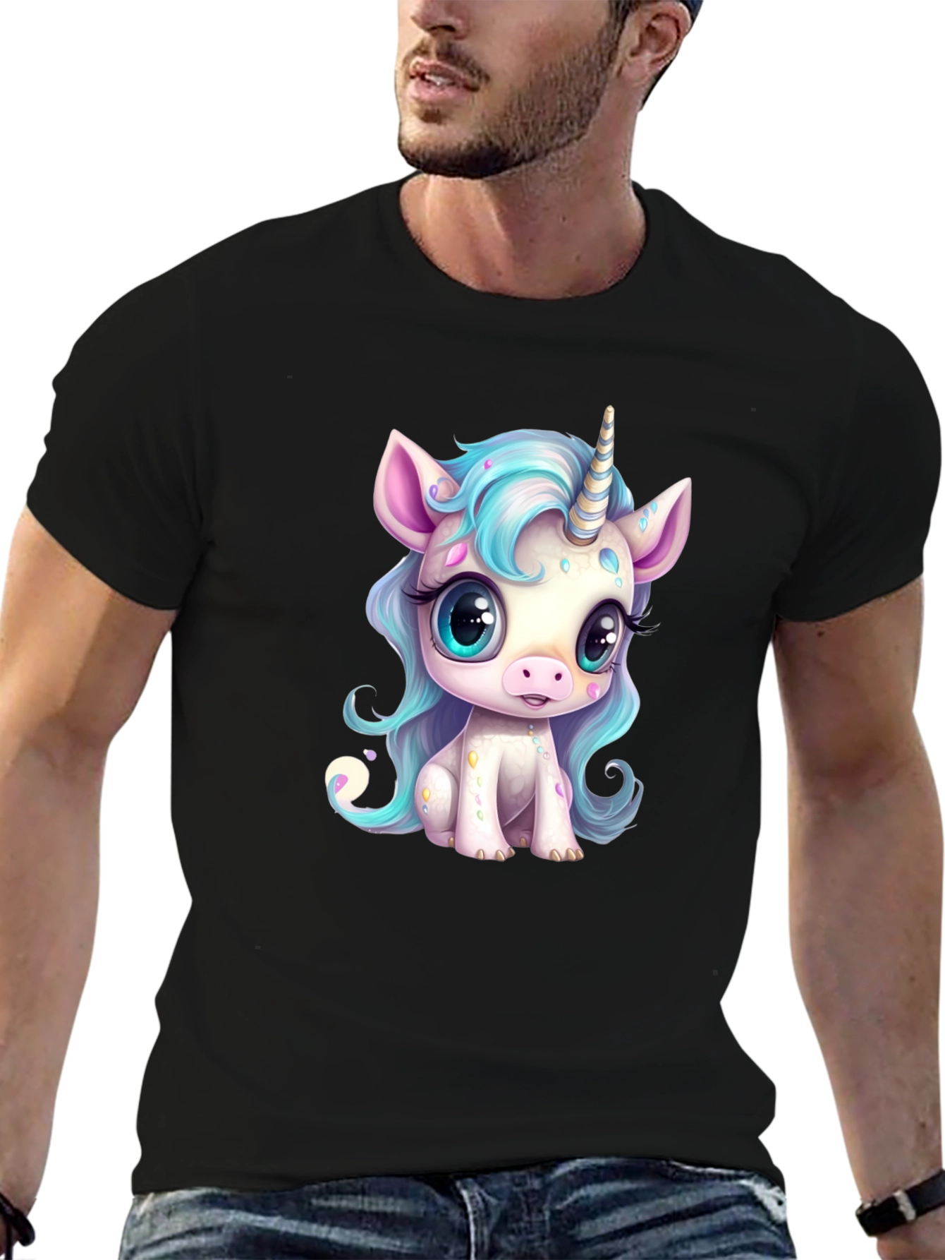 Cute Cartoon Unicorn Graphic Black T-Shirt