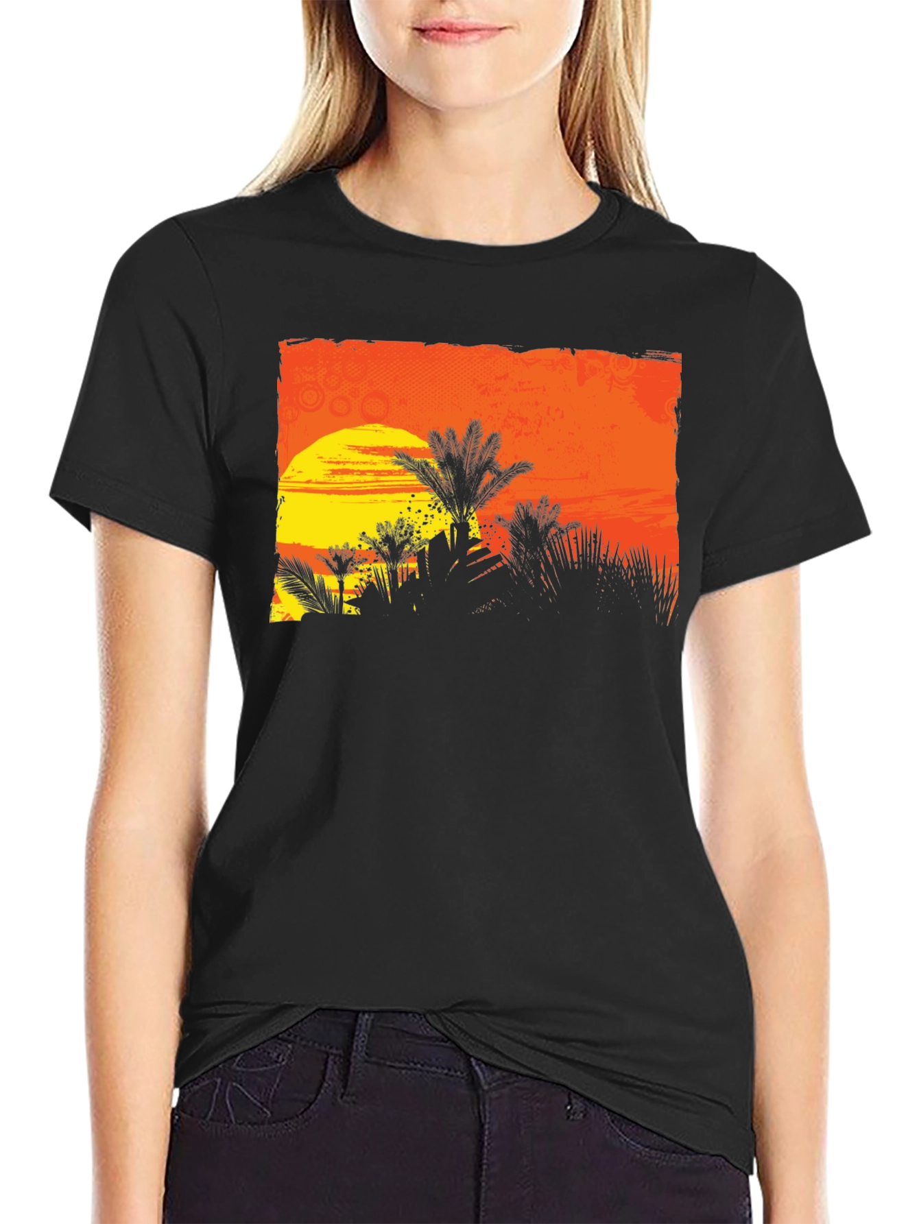 Sunset Palm Tree Graphic Tee - Black