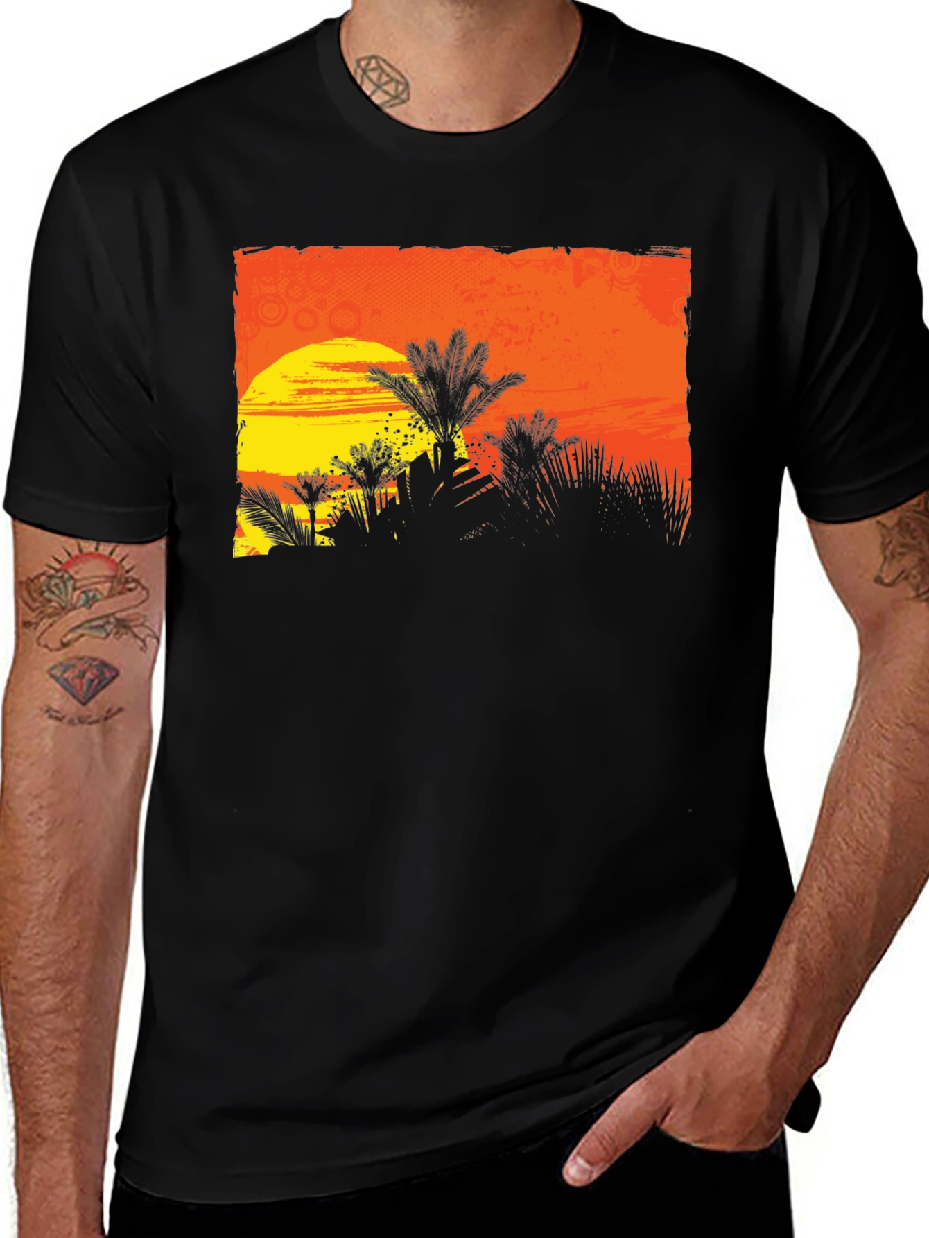 Sunset Palm Tree Graphic Tee - Black