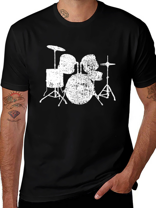 Distressed Drum Set Graphic Tee - Black Cotton T-Shirt