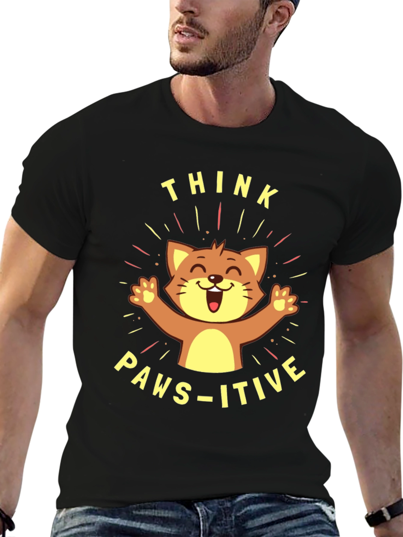 Think Paws-itive Cat Graphic Tee - Black Cotton T-Shirt