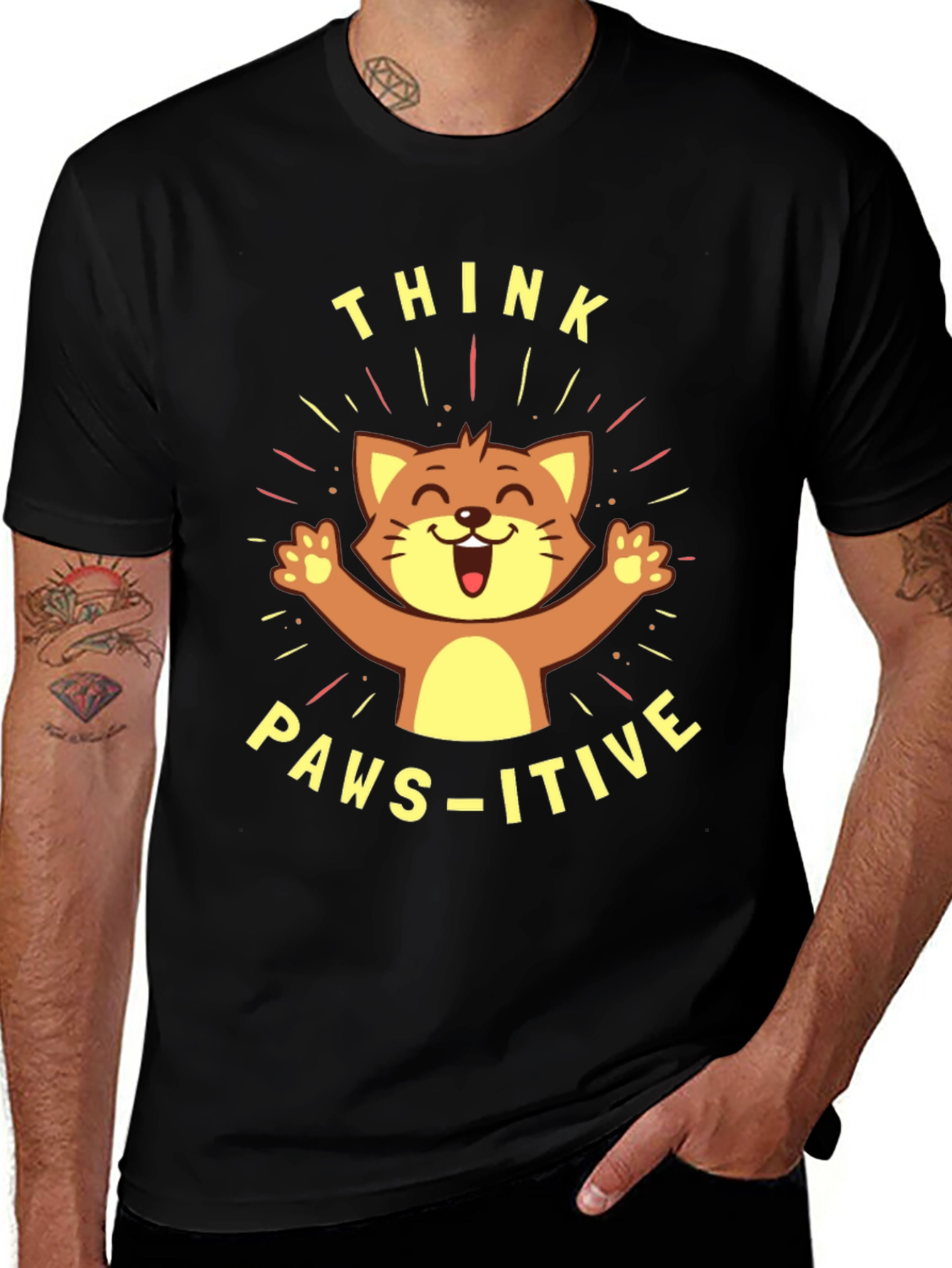 Think Paws-itive Cat Graphic Tee - Black Cotton T-Shirt