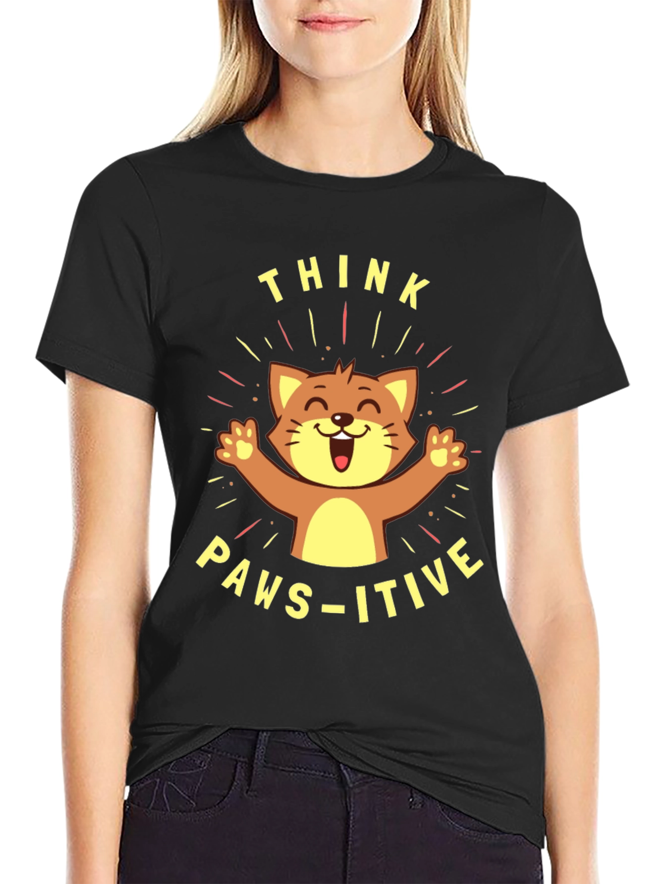 Think Paws-itive Cat Graphic Tee - Black Cotton T-Shirt