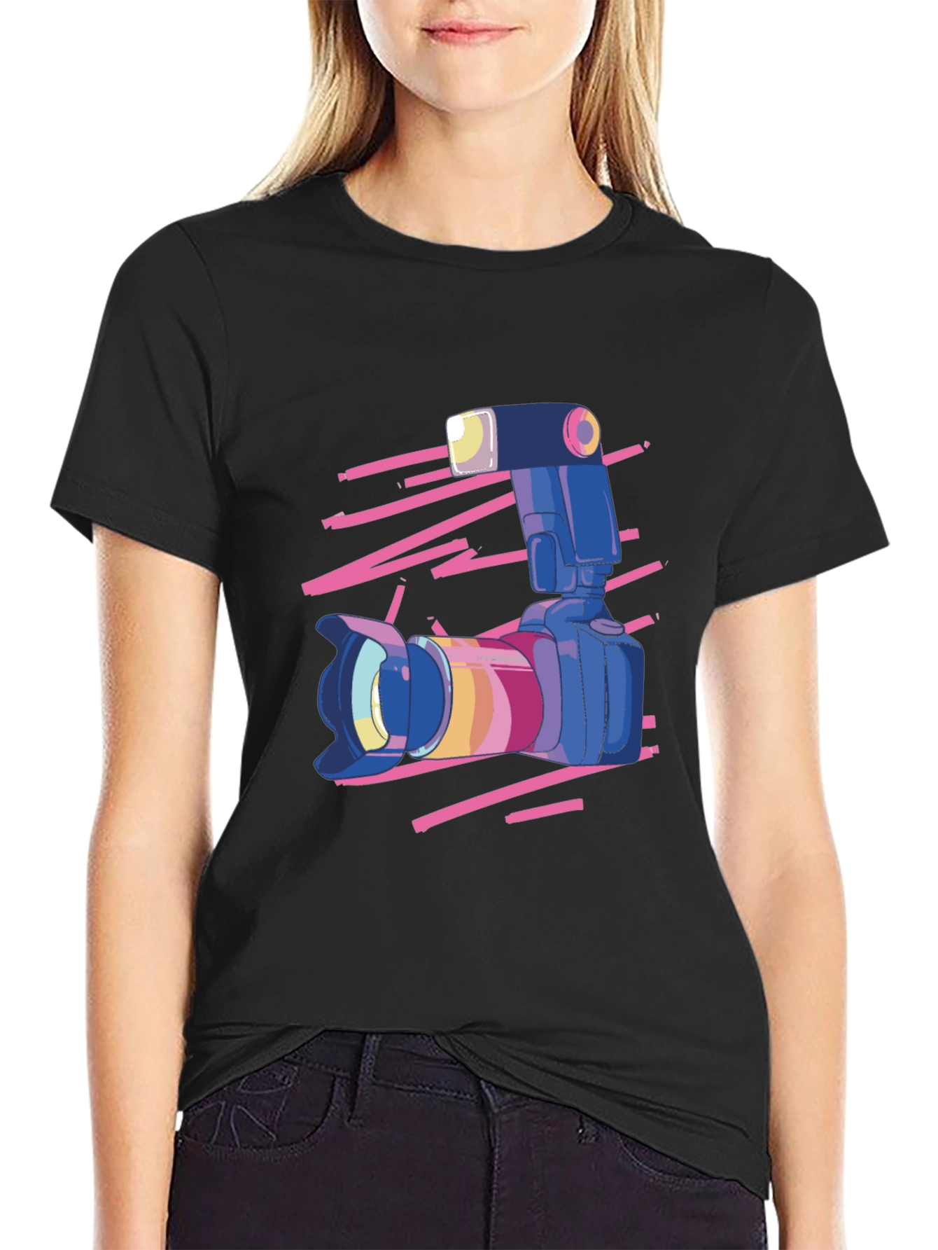 Retro Camera Graphic Tee - Classic Black Cotton T-Shirt