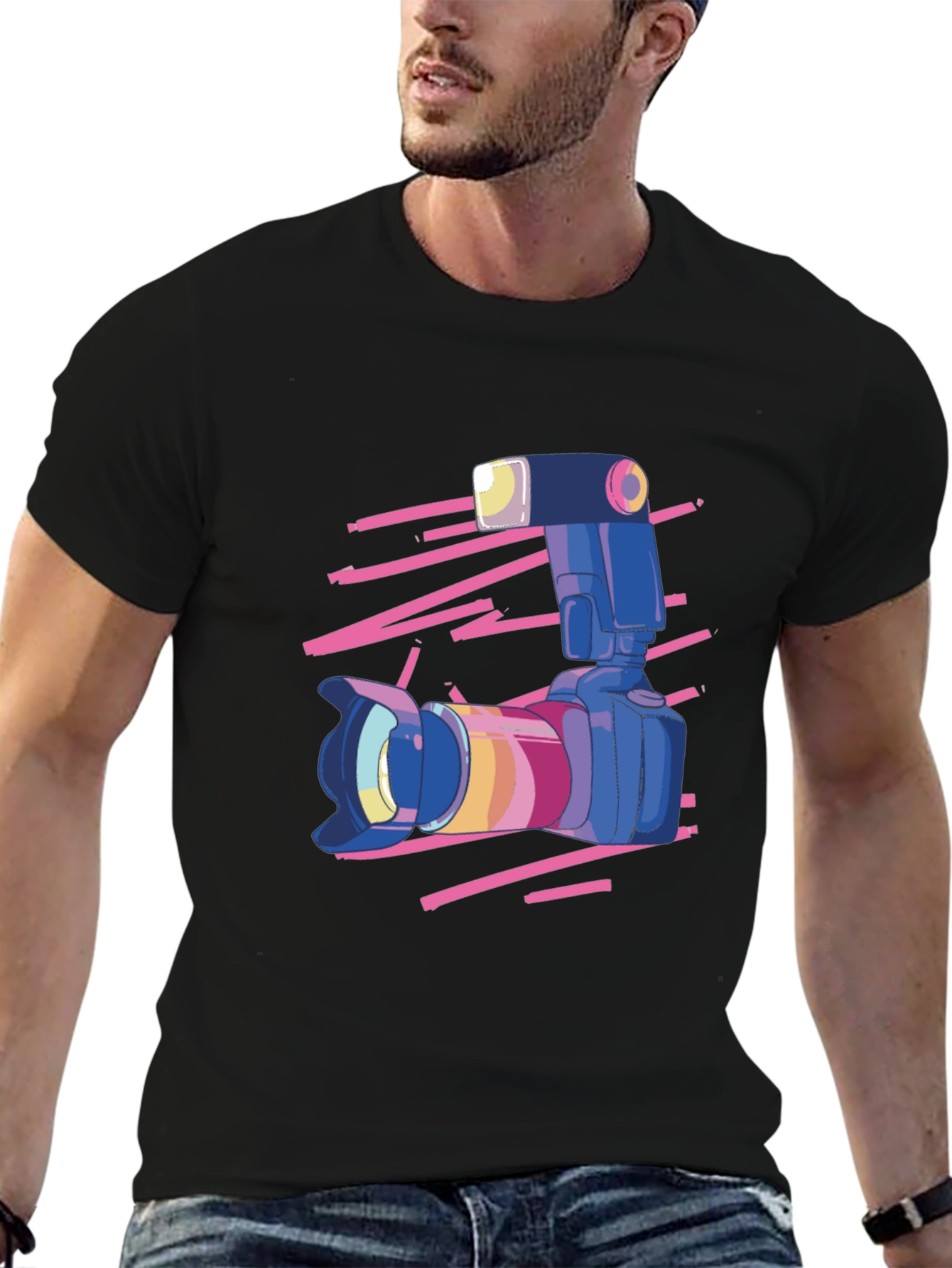 Retro Camera Graphic Tee - Classic Black Cotton T-Shirt