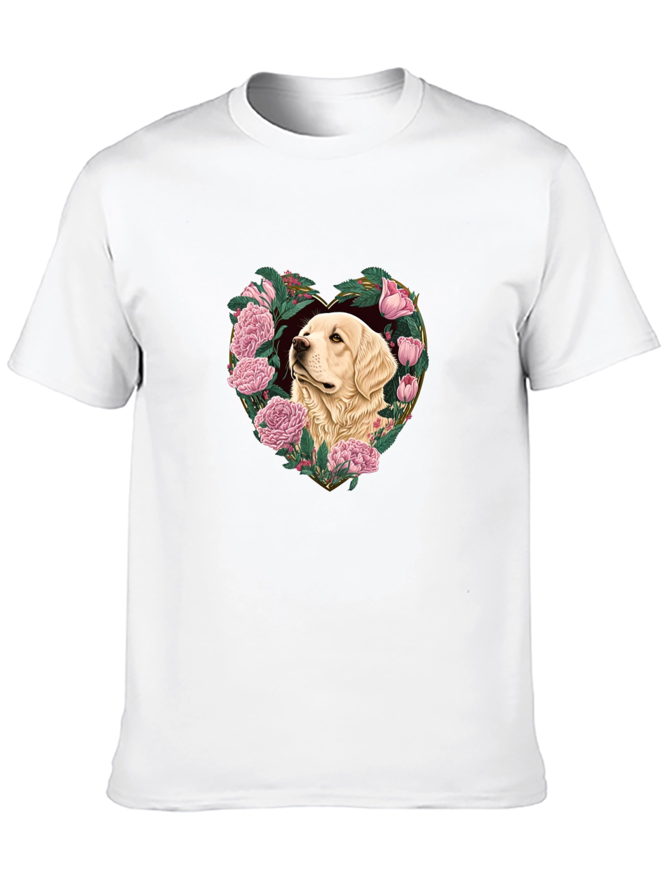 Dog and Floral Heart Graphic Black T-Shirt