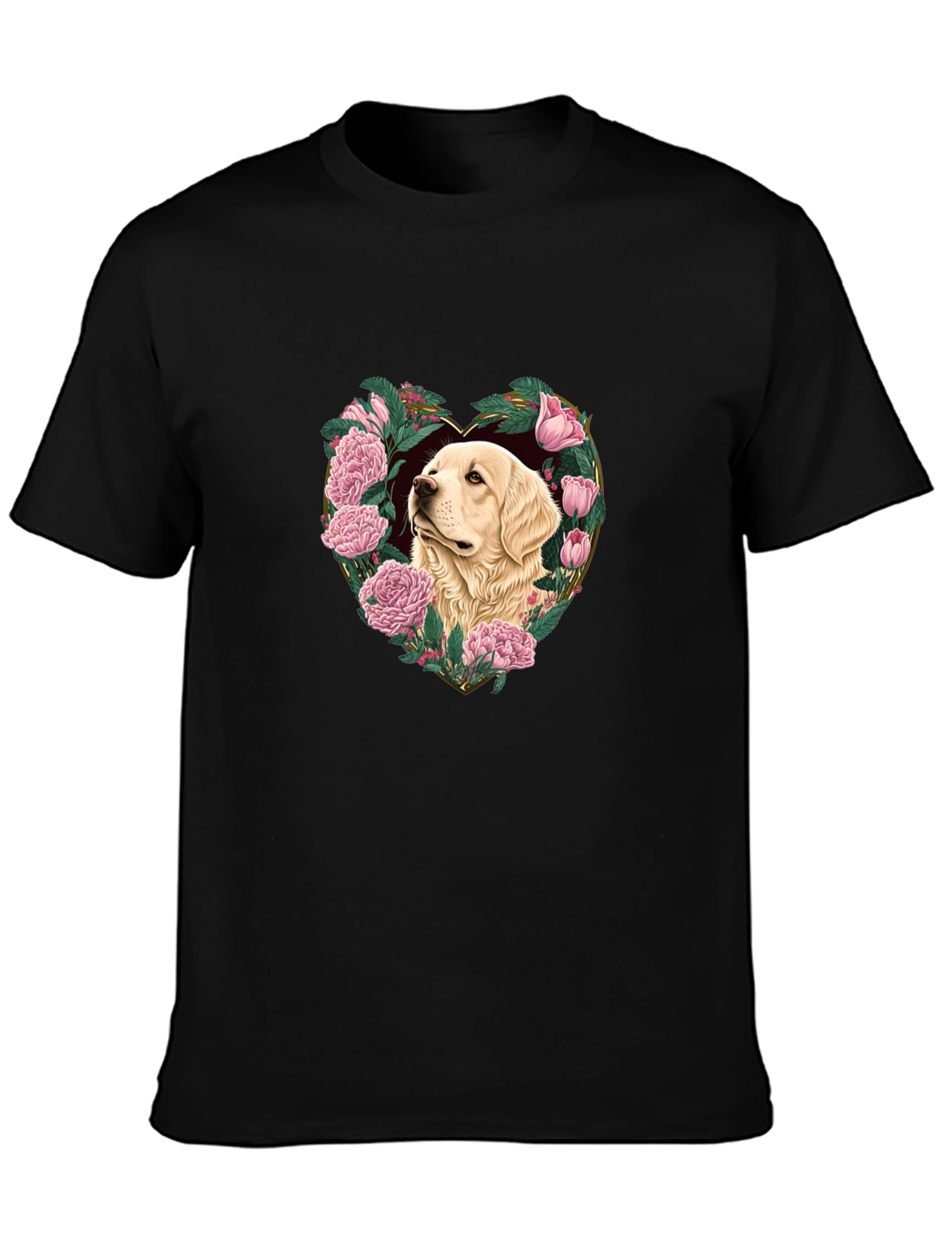 Dog and Floral Heart Graphic Black T-Shirt