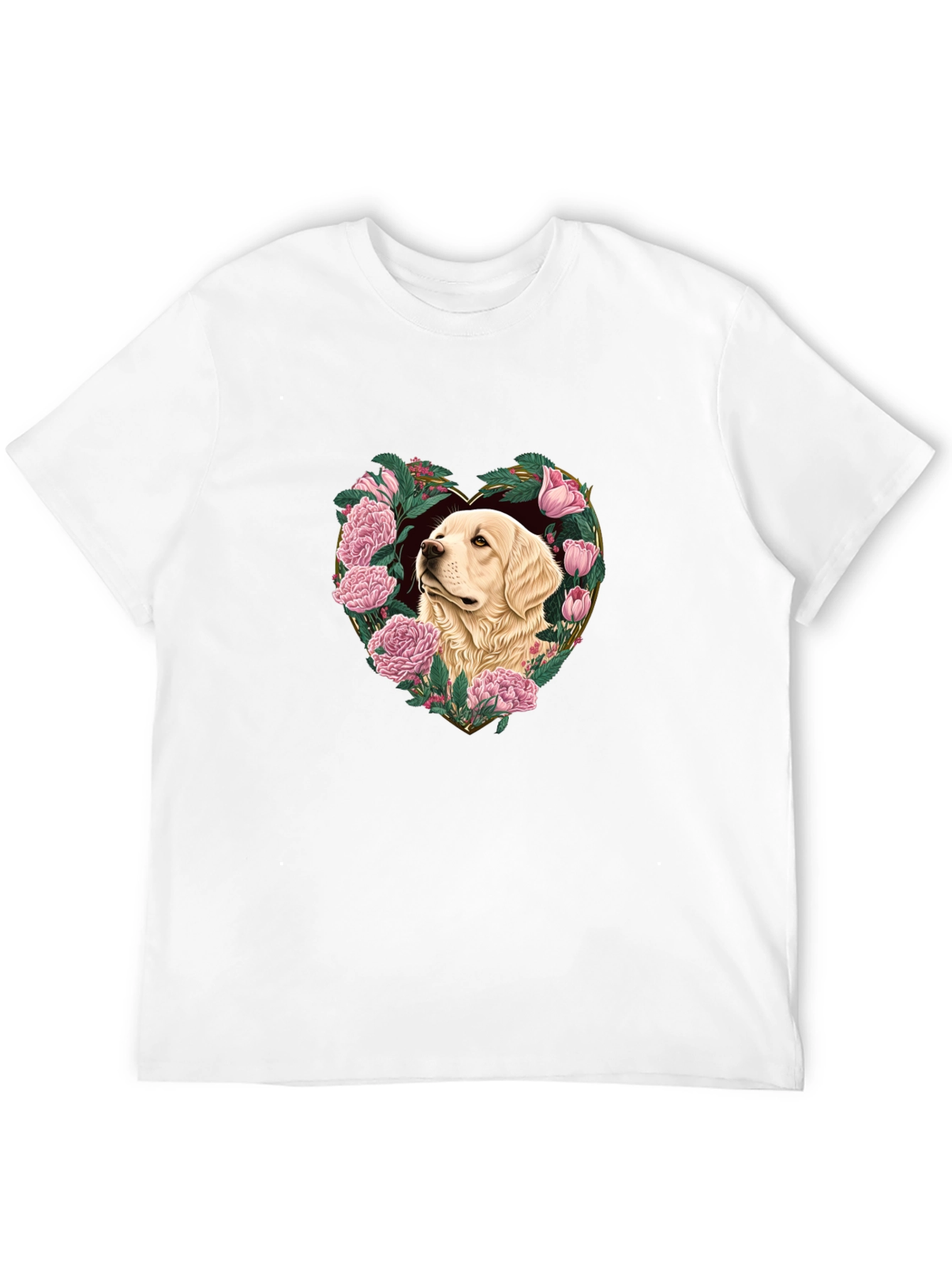 Dog and Floral Heart Graphic Black T-Shirt