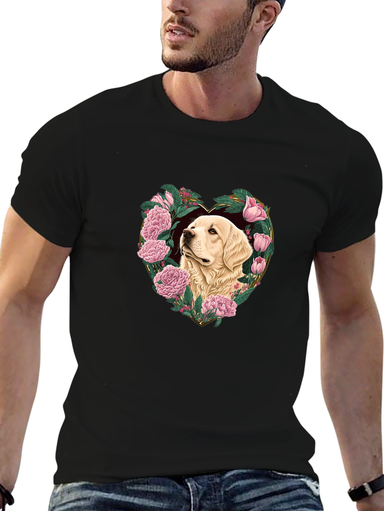 Dog and Floral Heart Graphic Black T-Shirt