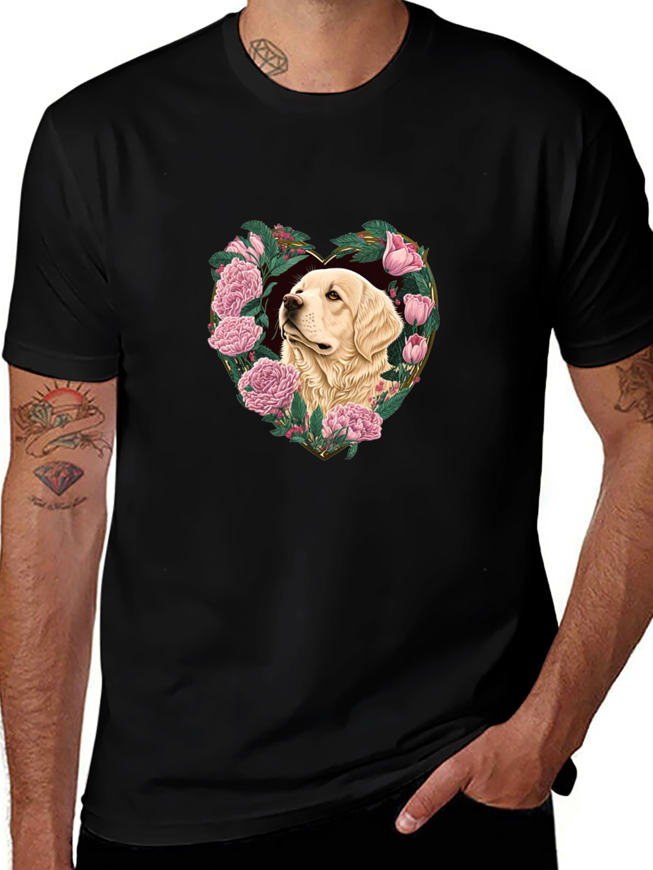 Dog and Floral Heart Graphic Black T-Shirt