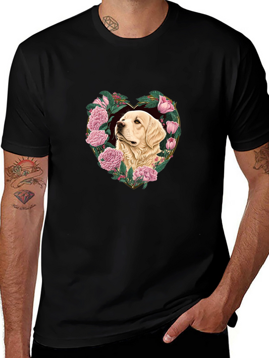 Dog and Floral Heart Graphic Black T-Shirt