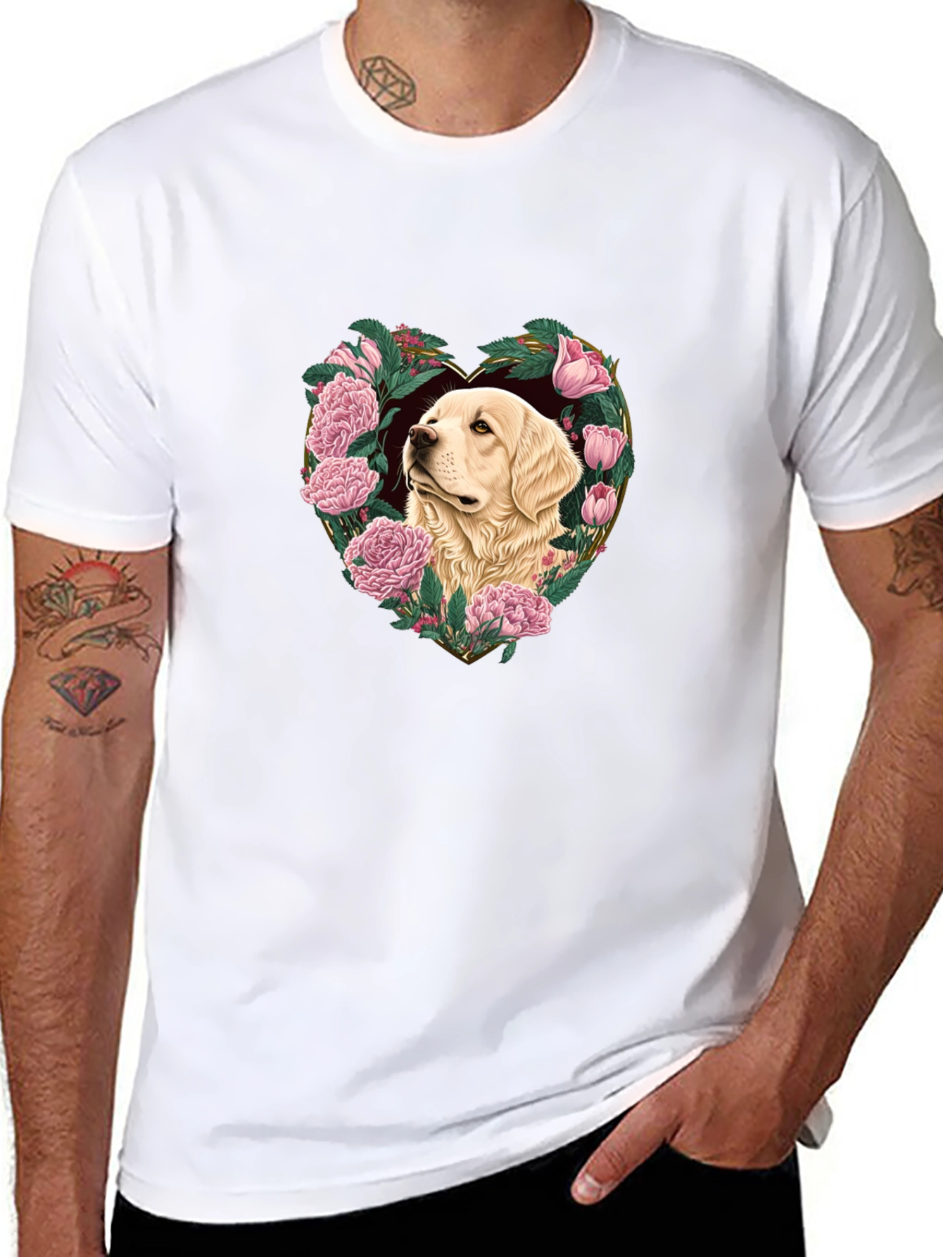 Dog and Floral Heart Graphic Black T-Shirt