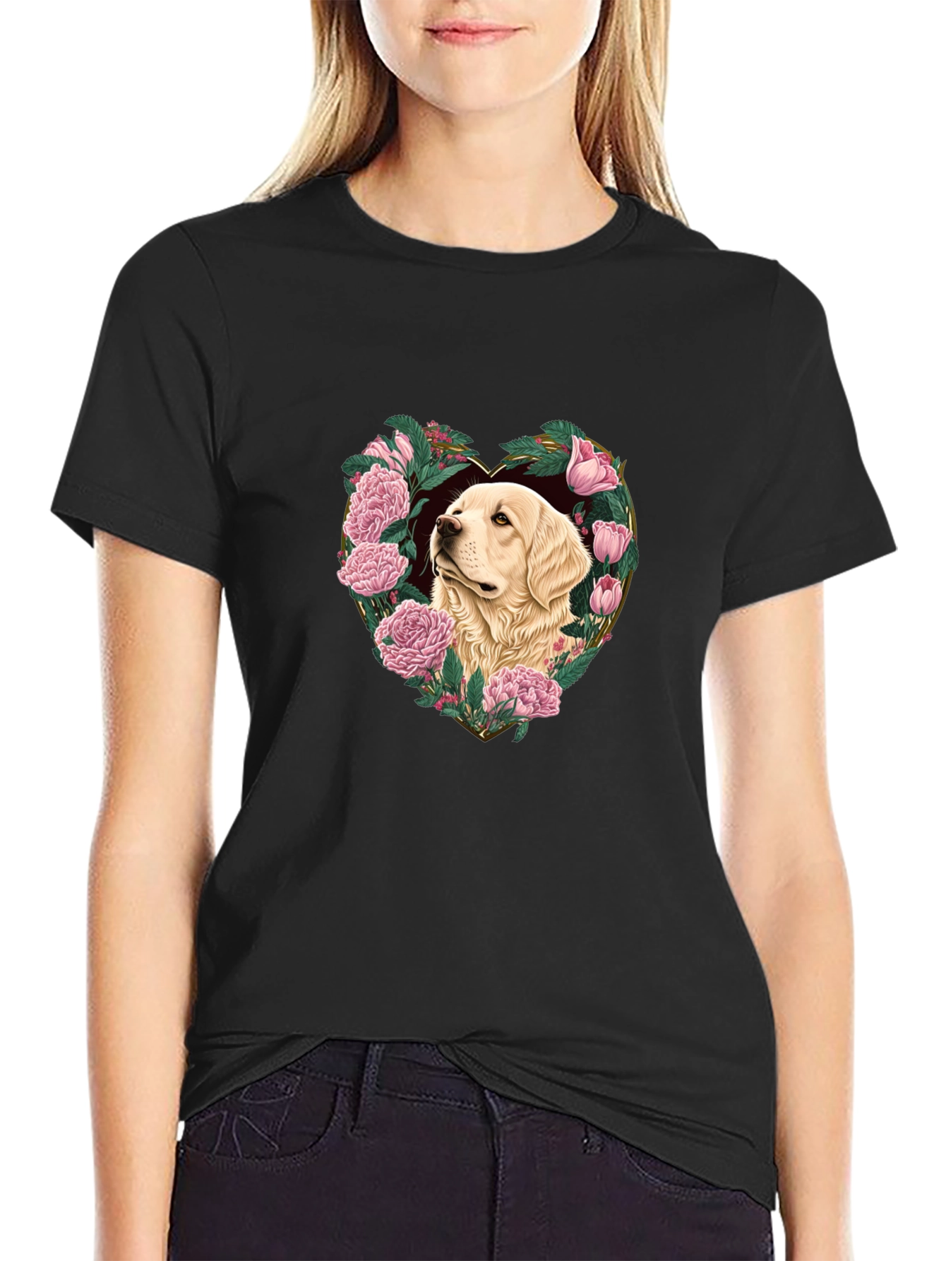 Dog and Floral Heart Graphic Black T-Shirt