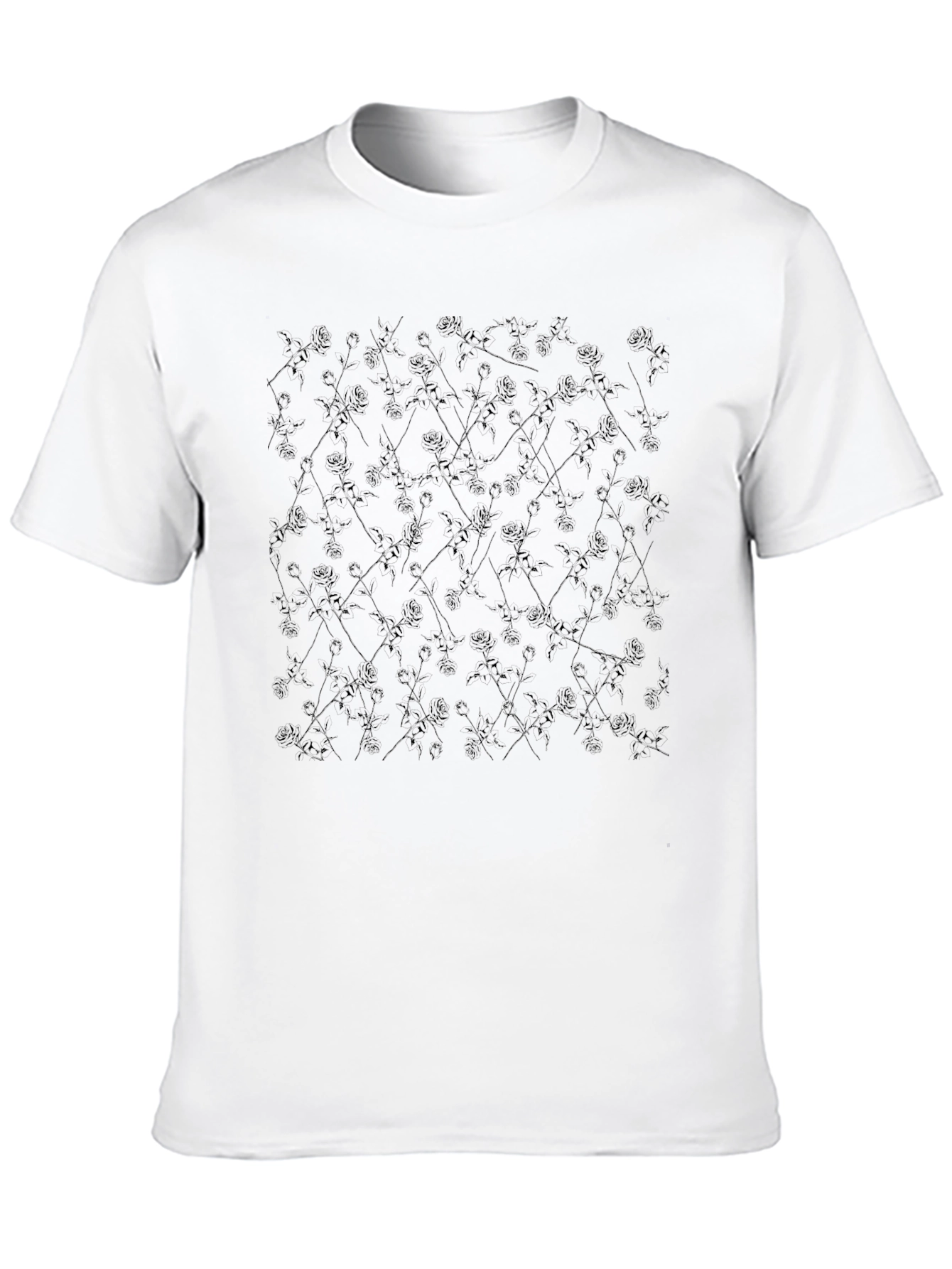 Mens Black Rose Pattern Crew Neck T-Shirt
