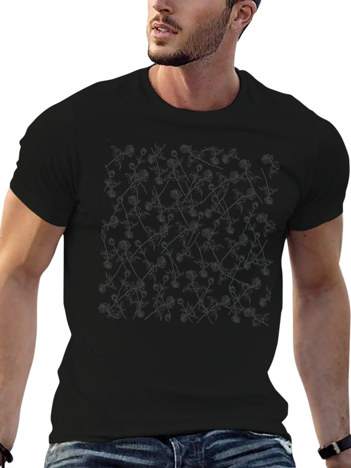 Mens Black Rose Pattern Crew Neck T-Shirt