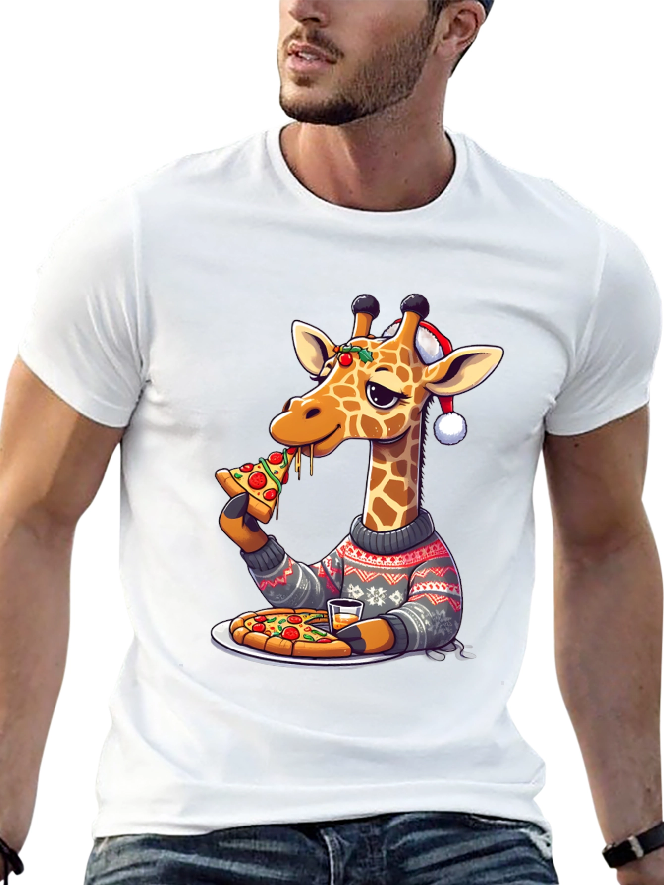 Giraffe Pizza Christmas T-Shirt
