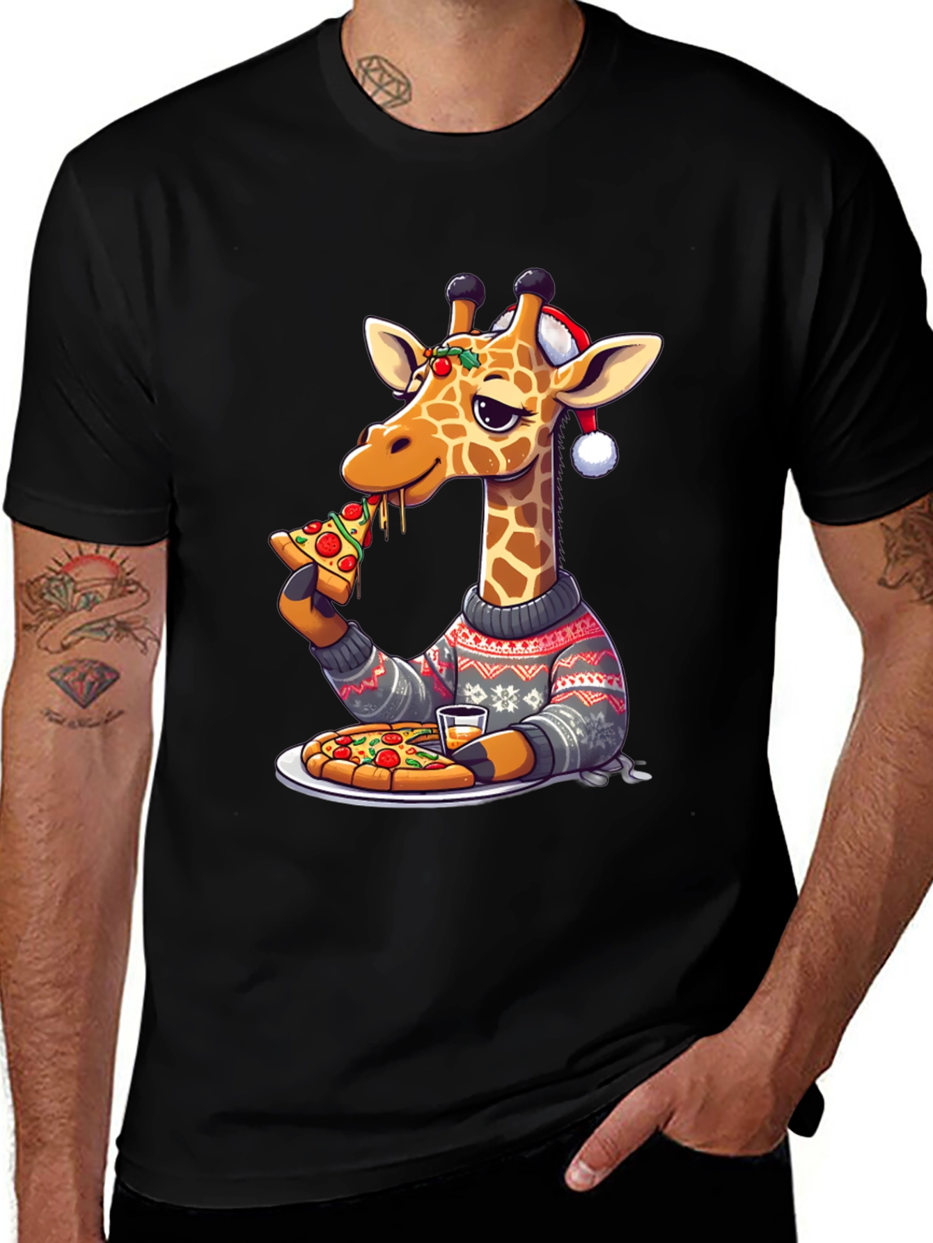 Giraffe Pizza Christmas T-Shirt
