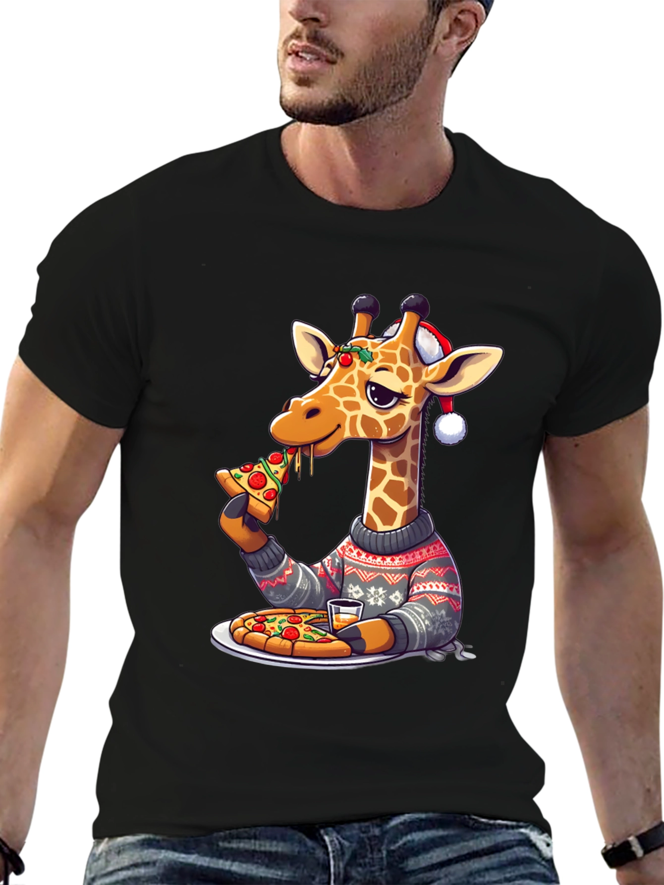 Giraffe Pizza Christmas T-Shirt
