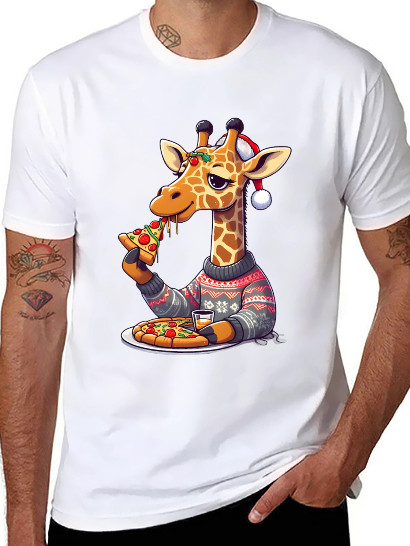Giraffe Pizza Christmas T-Shirt