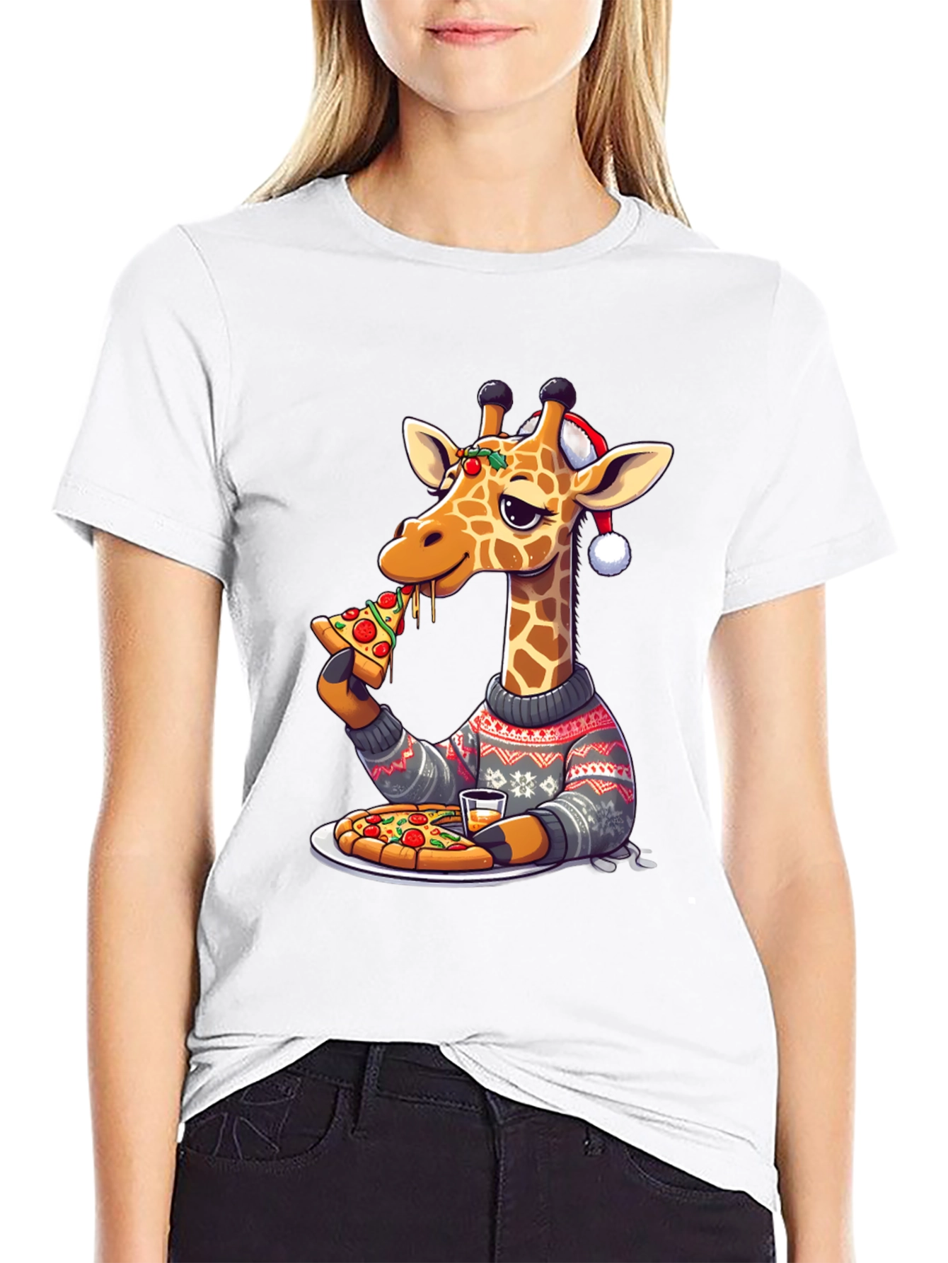 Giraffe Pizza Christmas T-Shirt