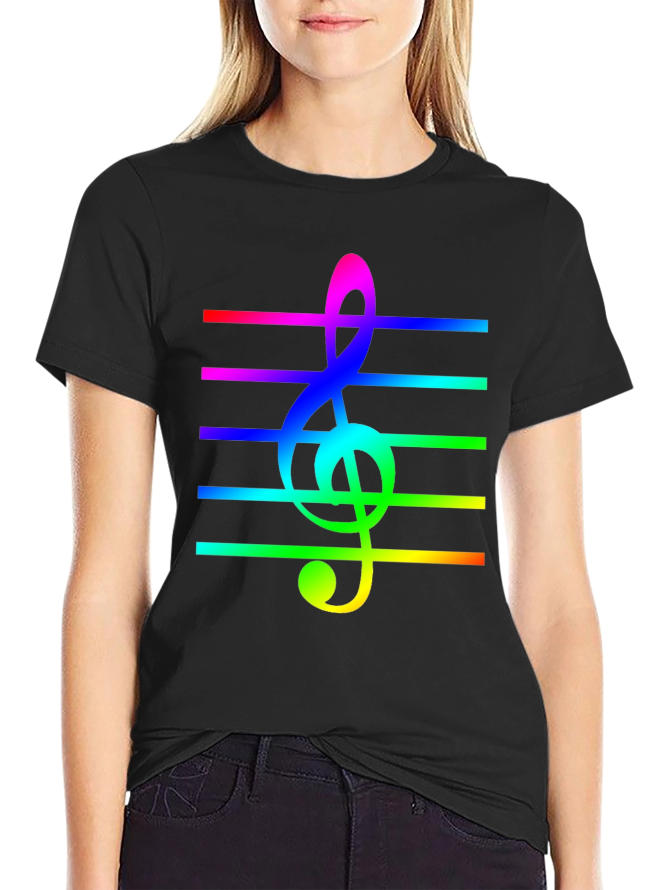 Rainbow Treble Clef Music T-Shirt - Black Cotton Tee