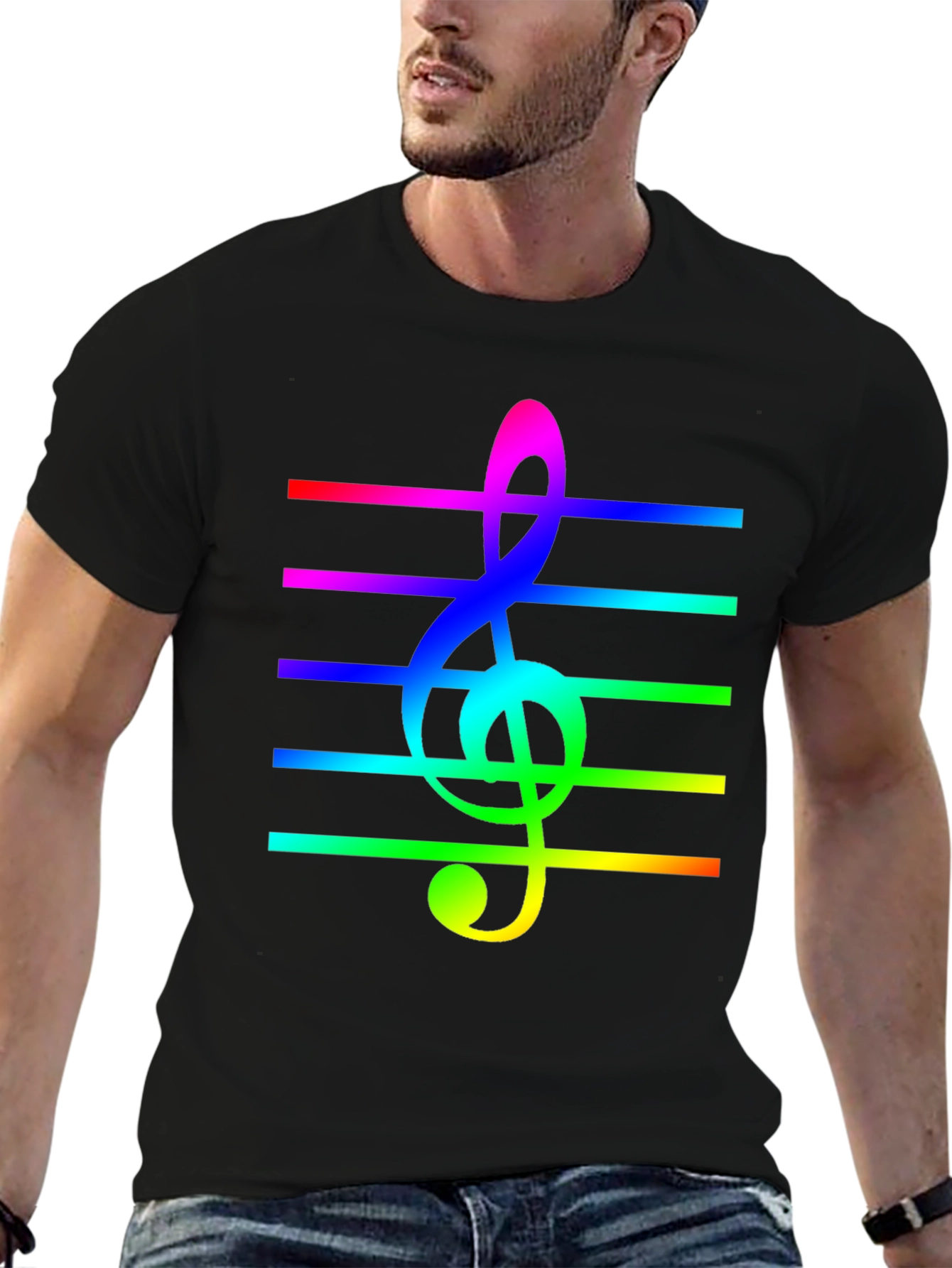 Rainbow Treble Clef Music T-Shirt - Black Cotton Tee