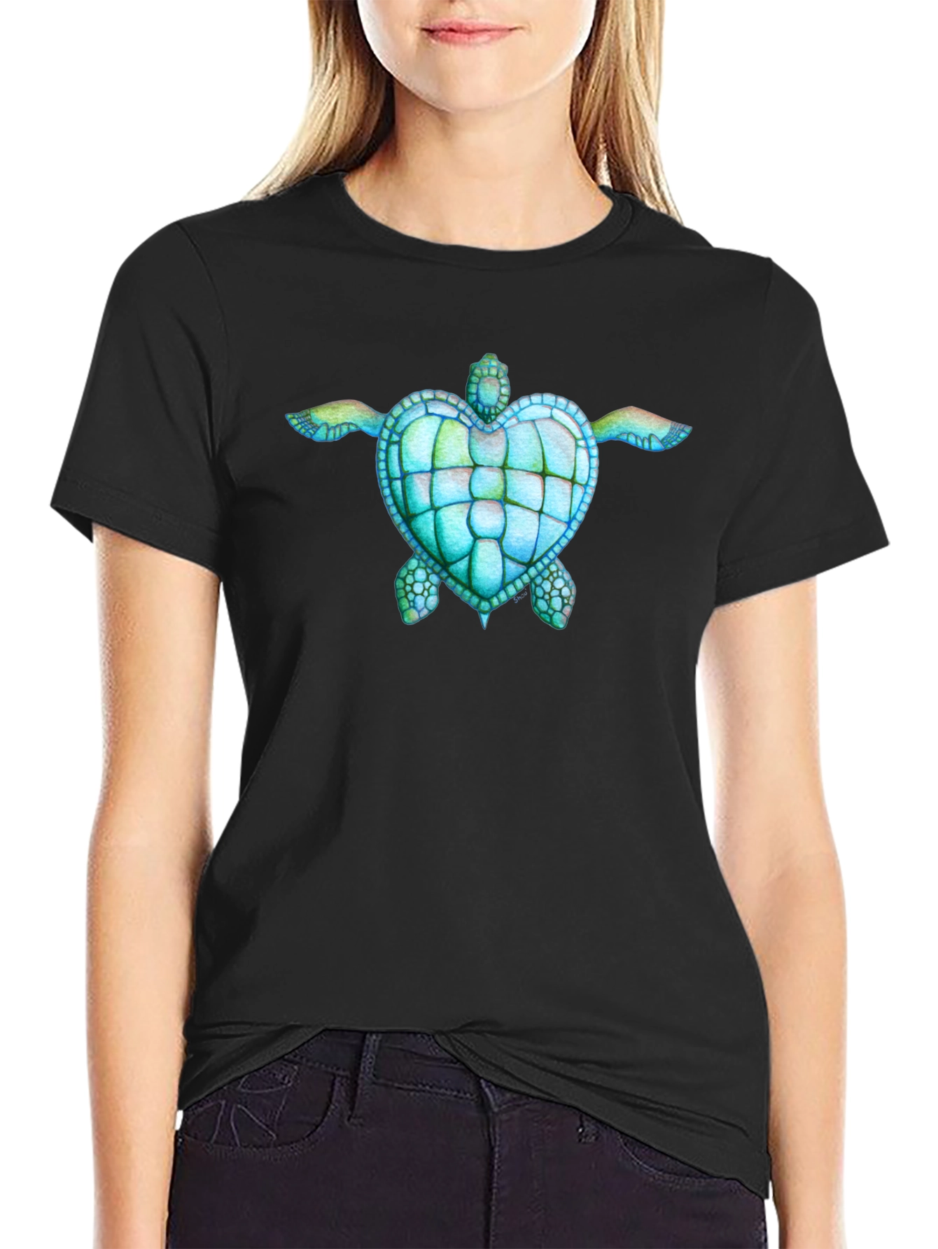 Heart Turtle Graphic Black T-Shirt