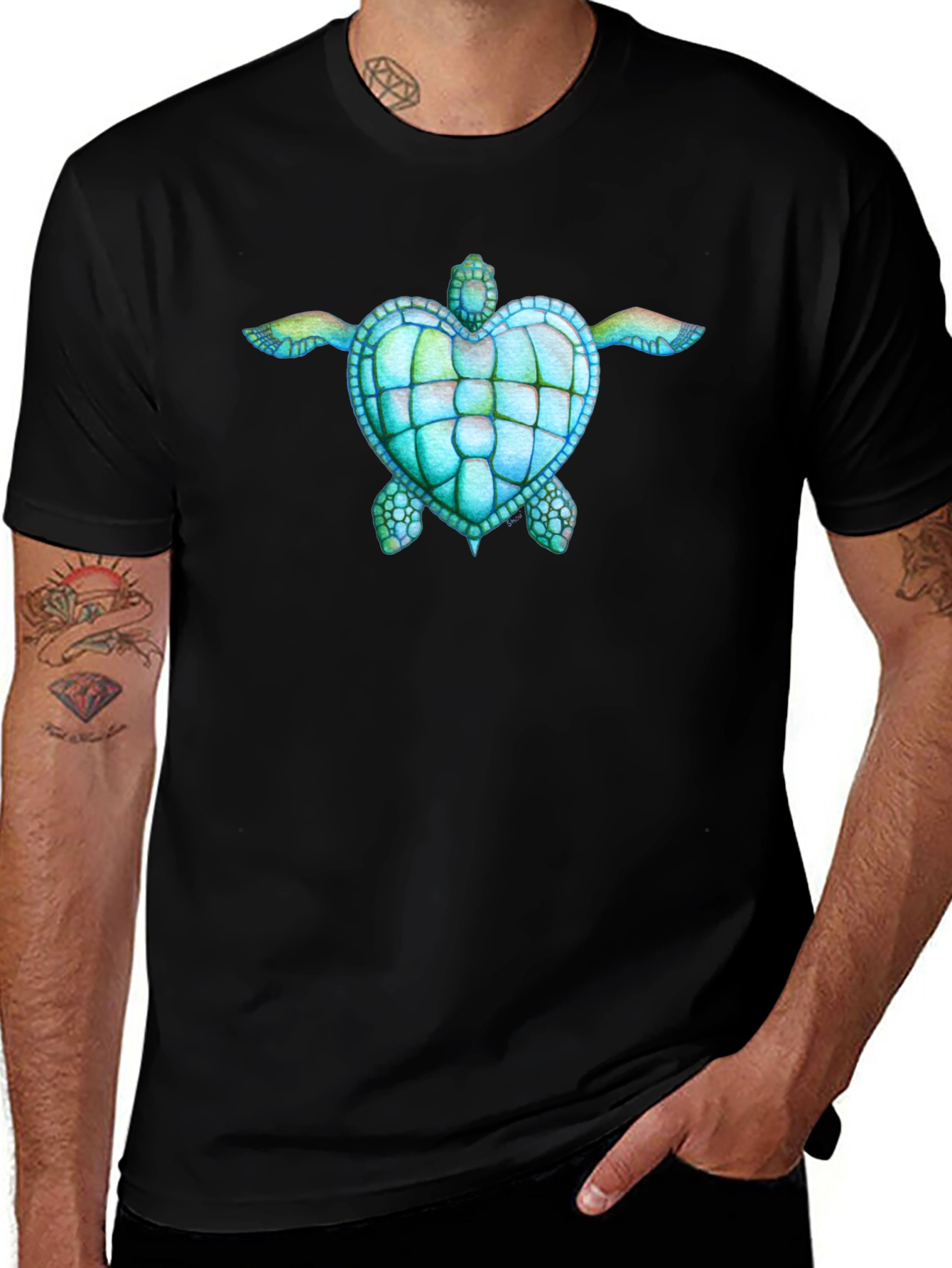 Heart Turtle Graphic Black T-Shirt