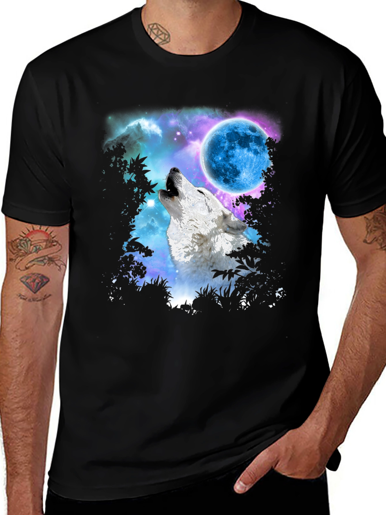 Wolf Howling at Blue Moon Graphic Tee - Black