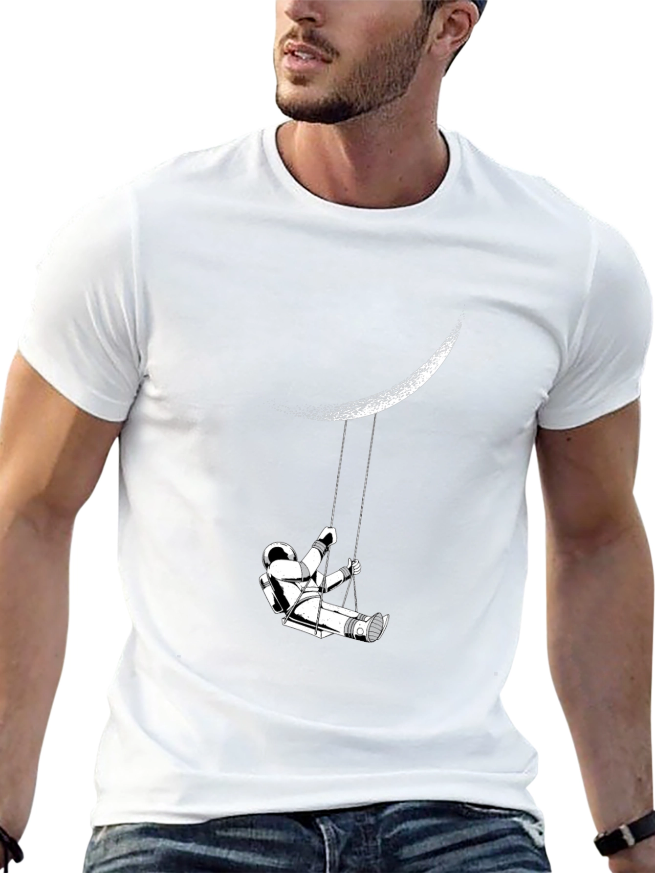 Astronaut Moon Swing Graphic Tee - Black Casual T-Shirt