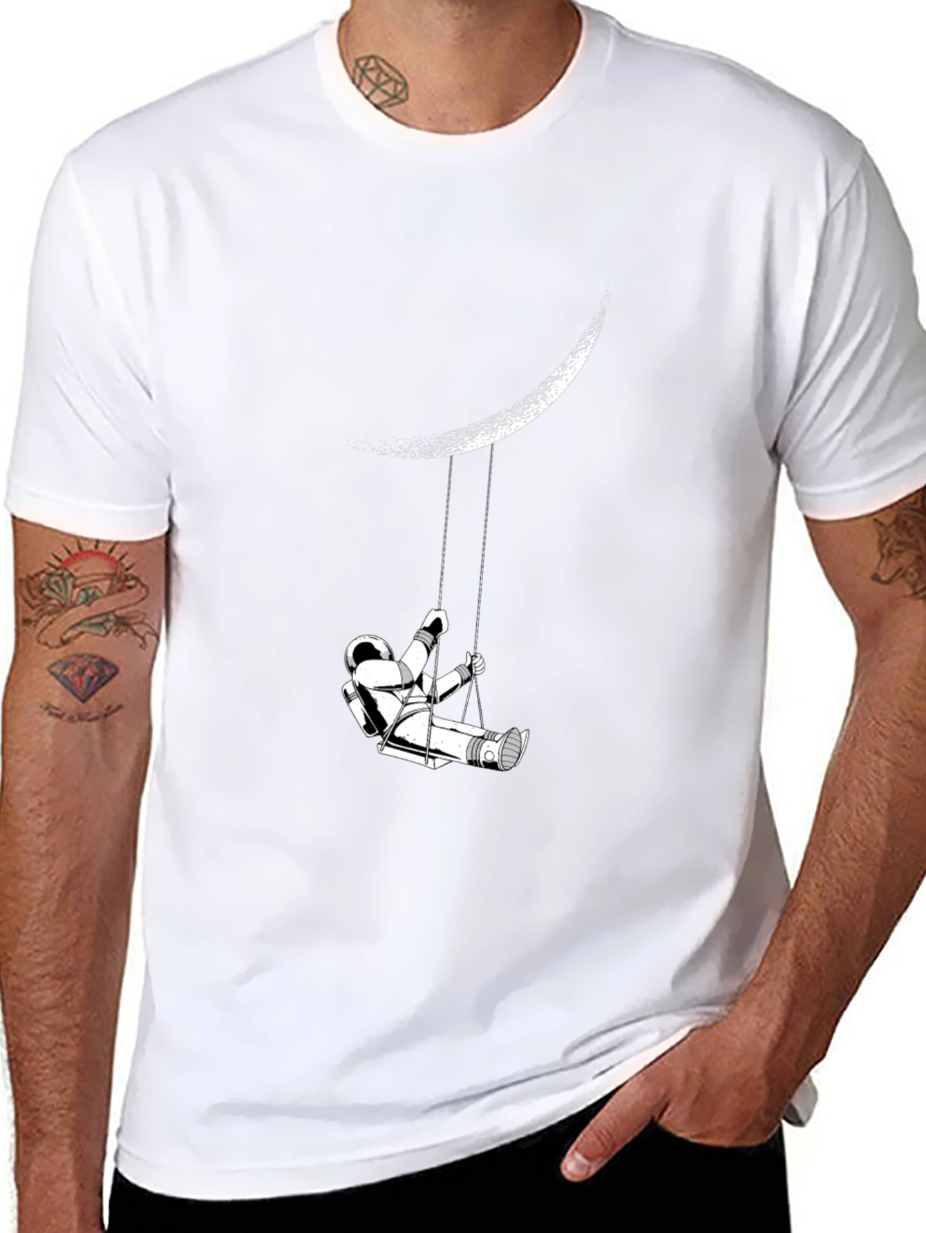 Astronaut Moon Swing Graphic Tee - Black Casual T-Shirt